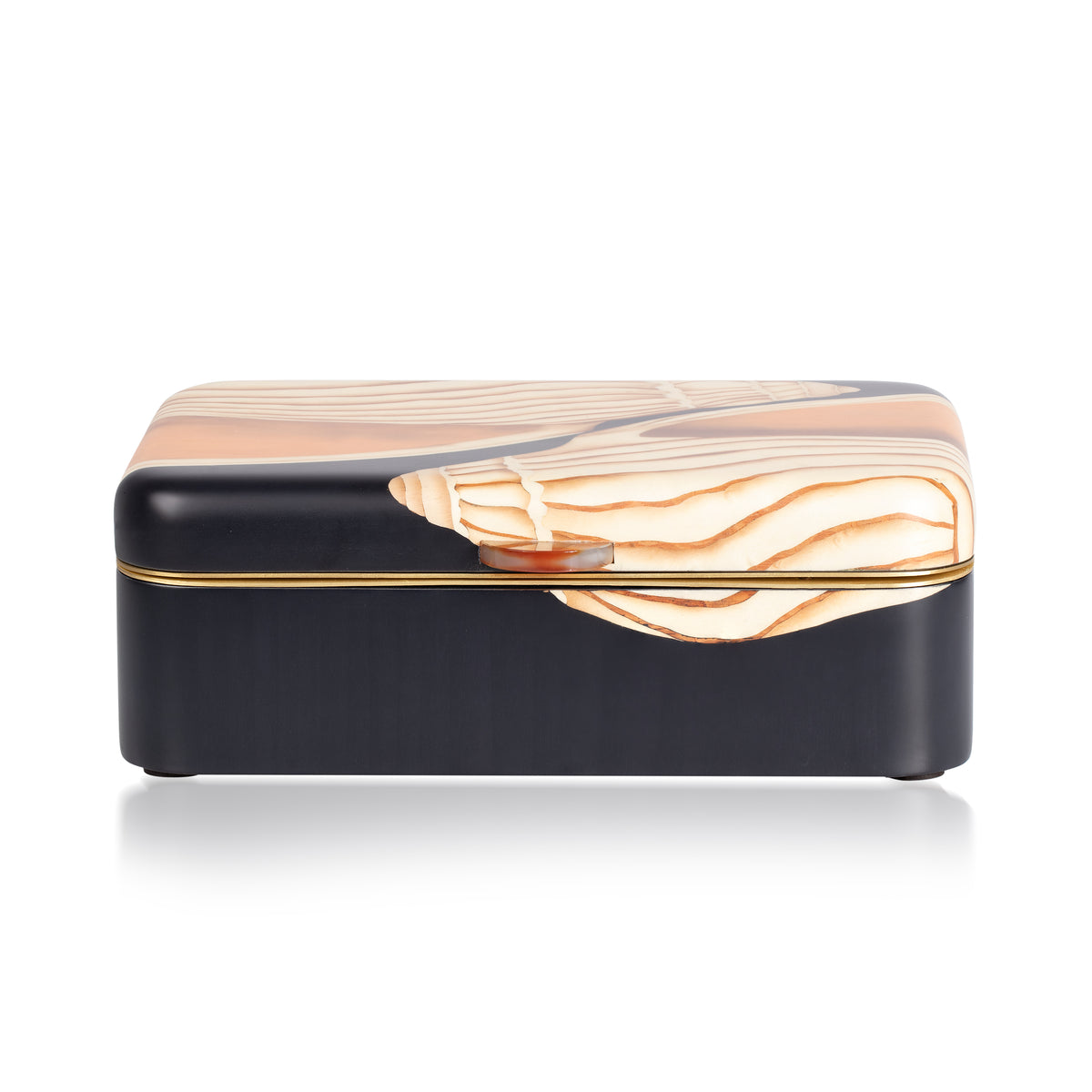 Medium dark black orange seashell shell jewelry box marquetry wood by silvia furmanovich Tiny Gods