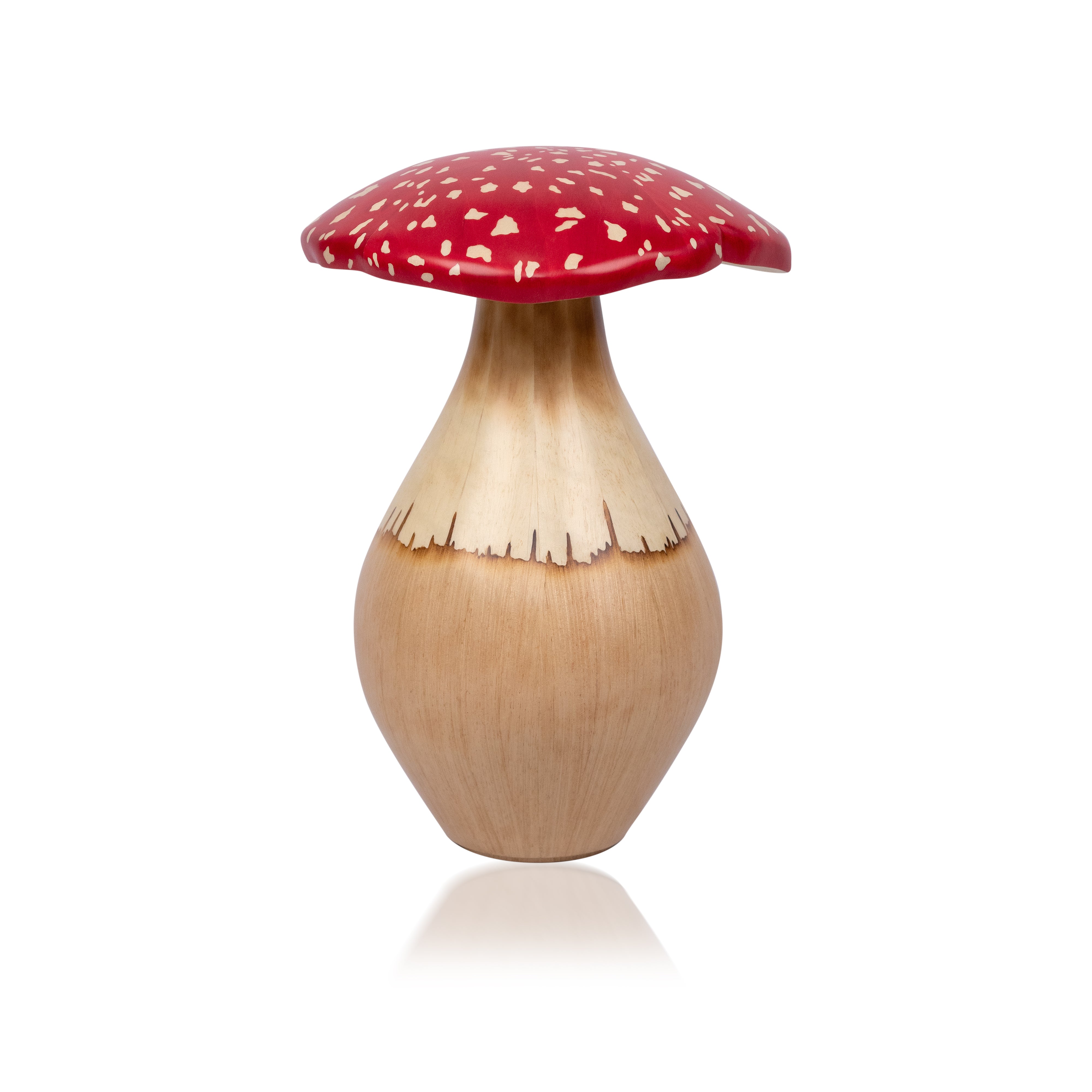 red spotted wood marquetry home decor mushroom by Silvia Furmanovich Tiny Gods