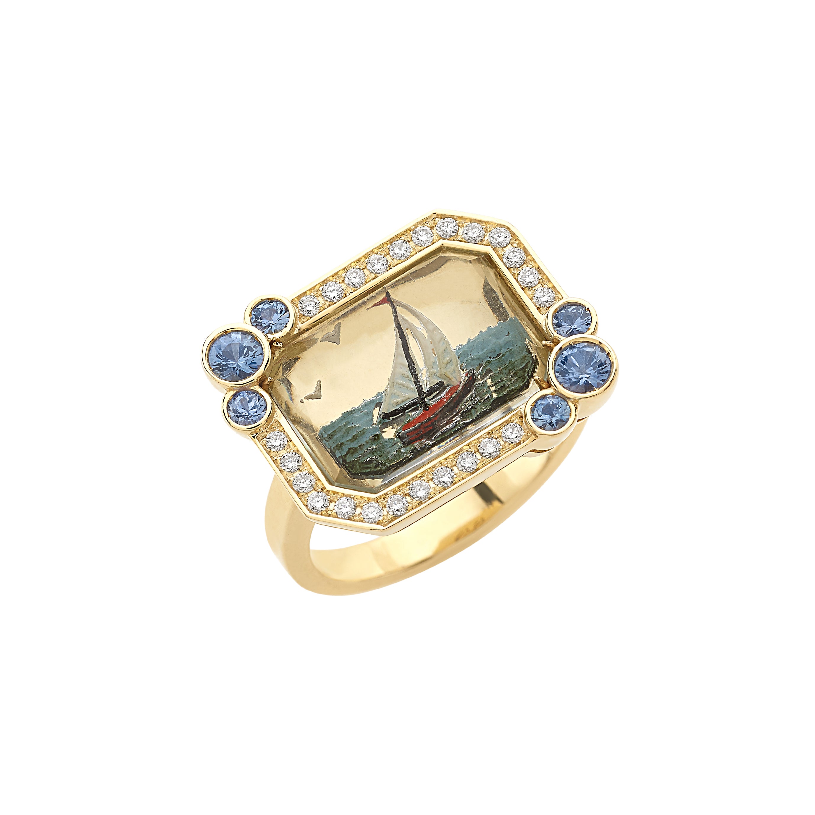 mini blue sapphire and diamond hand painted Essex crystal sailboat ring Francesca villa tiny gods