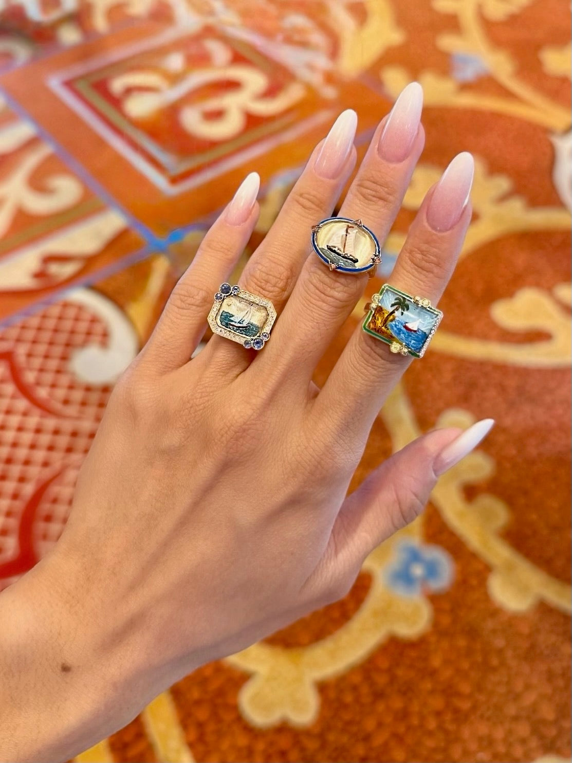 mini blue sapphire and diamond hand painted Essex crystal sailboat ring Francesca villa tiny gods