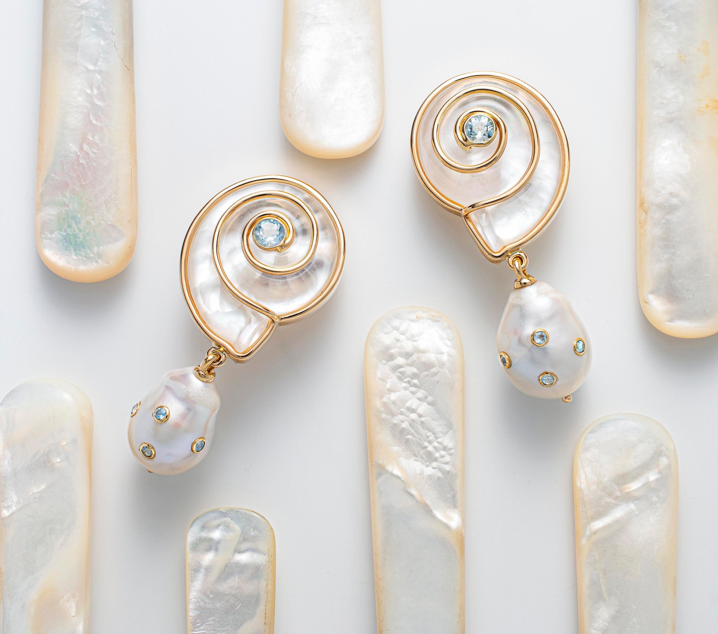 18k yellow gold mother of pearl shell with aquamarine earrings with white baroque pearl drops by Guita M tIny Gods