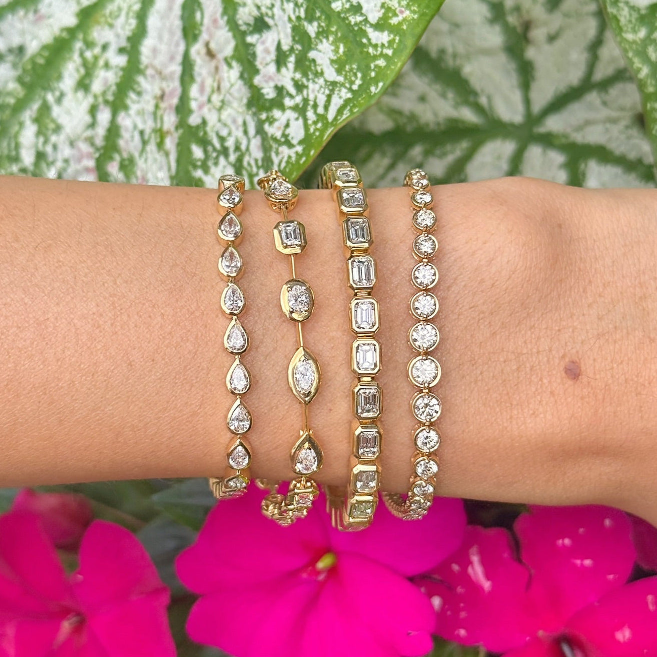 18k yellow gold multi shape diamond bezel set wire bracelet, pear, marquis, emerald cut tennis style Tiny Gods