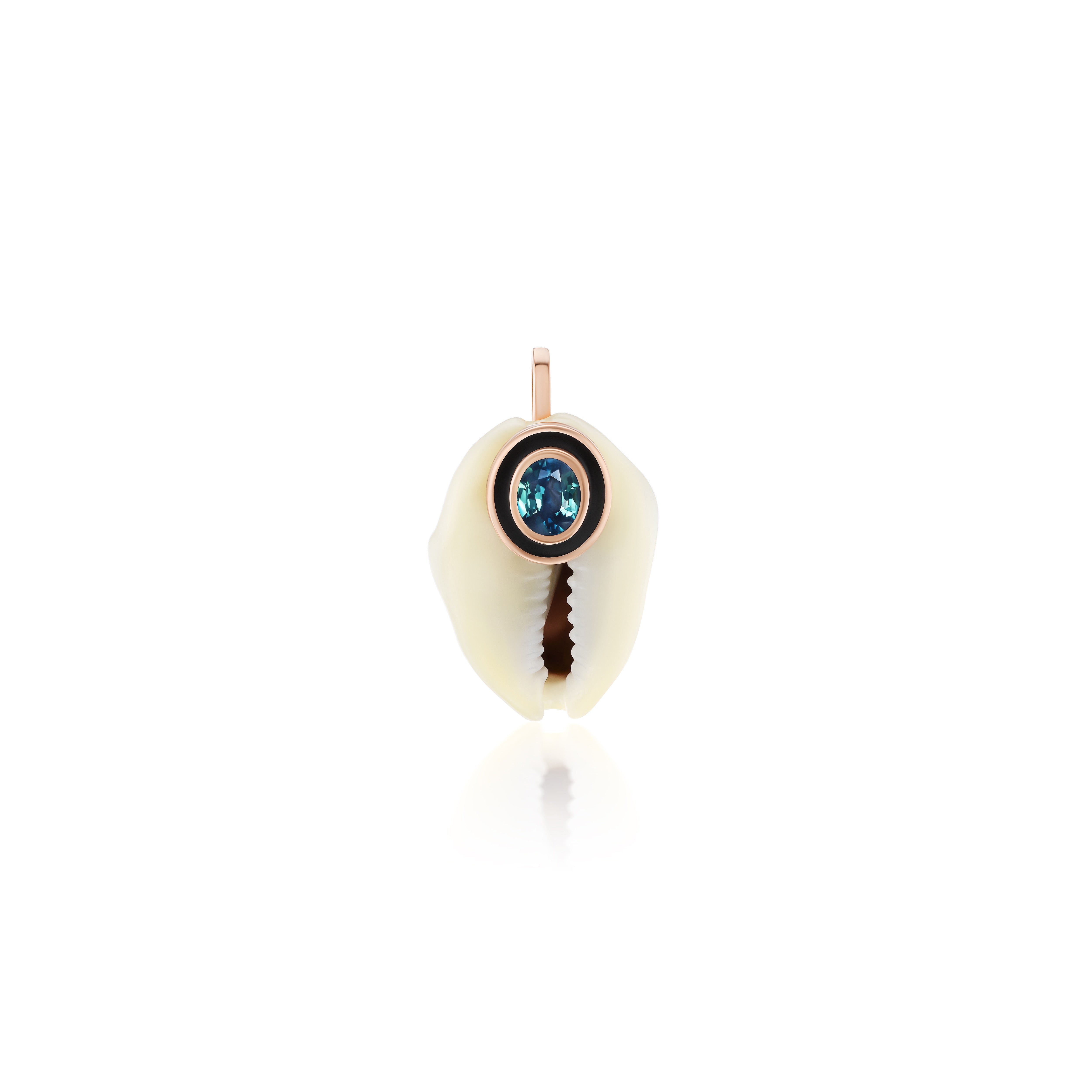 18k rose gold black enamel border oval blue kyanite on a natural white cowry shell pendant by Dezso Tiny Gods