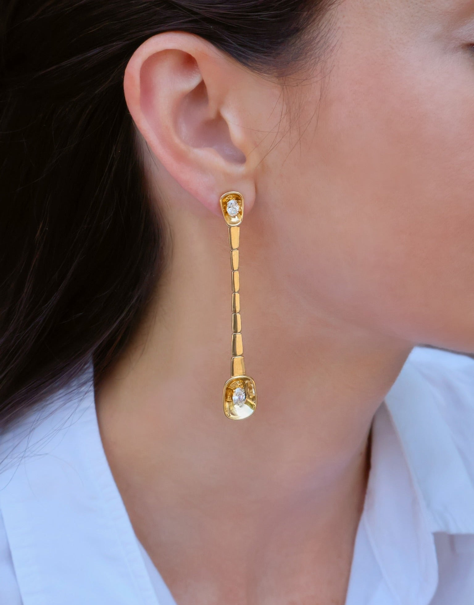 18k yellow gold diamond long drop mirror look earrings by Nikos Koulis Tiny Gods