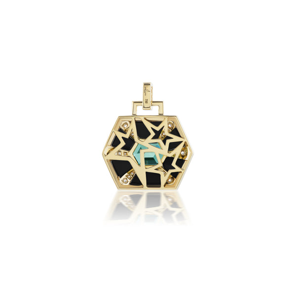 18k yellow gold nomad inlay pendant with black onyx and mint green tourmaline by Sorellina Tiny Gods