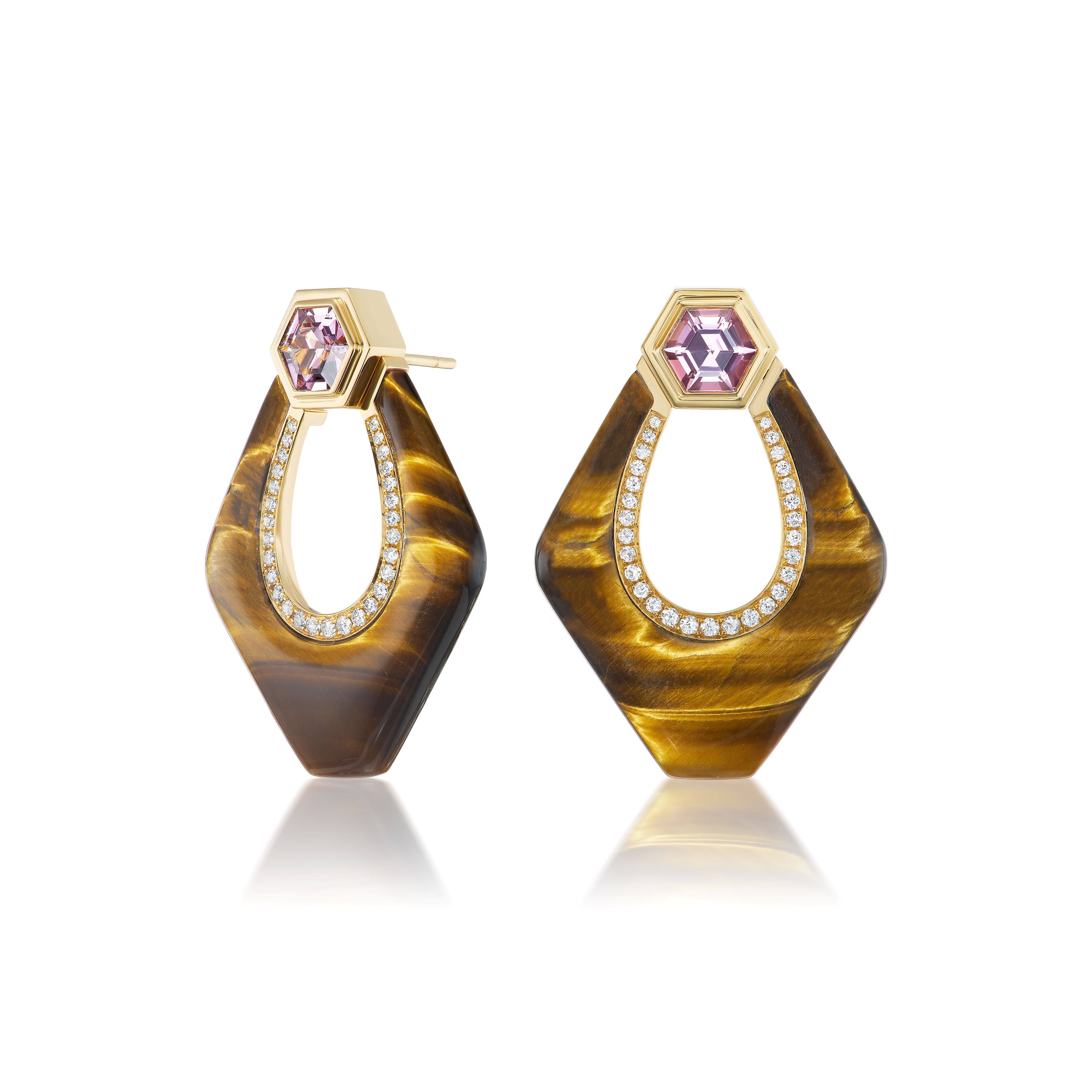 18k yellow gold tigers eye nomad doorknocker earrings with pink spinel and diamonds by Sorellina Tiny Gods sale