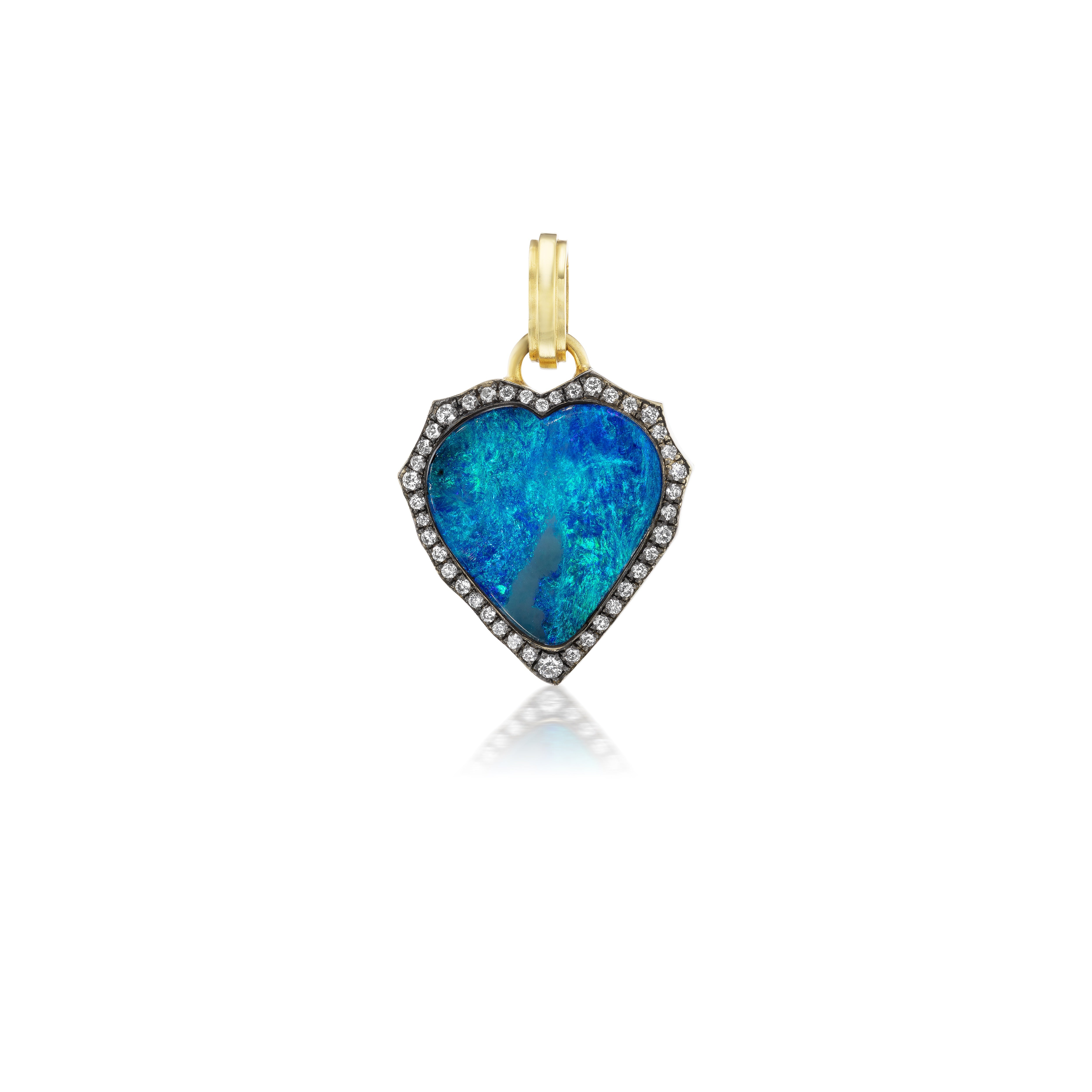 18k yellow gold petite blue green opal heart pendant with diamond border by Sylva& Cie Tiny Gods