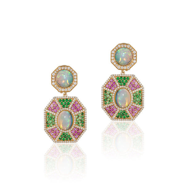 18k yellow gold web opal earrings with tsavorites, pink sapphire and diamonds by Goshwara Tiny Gods