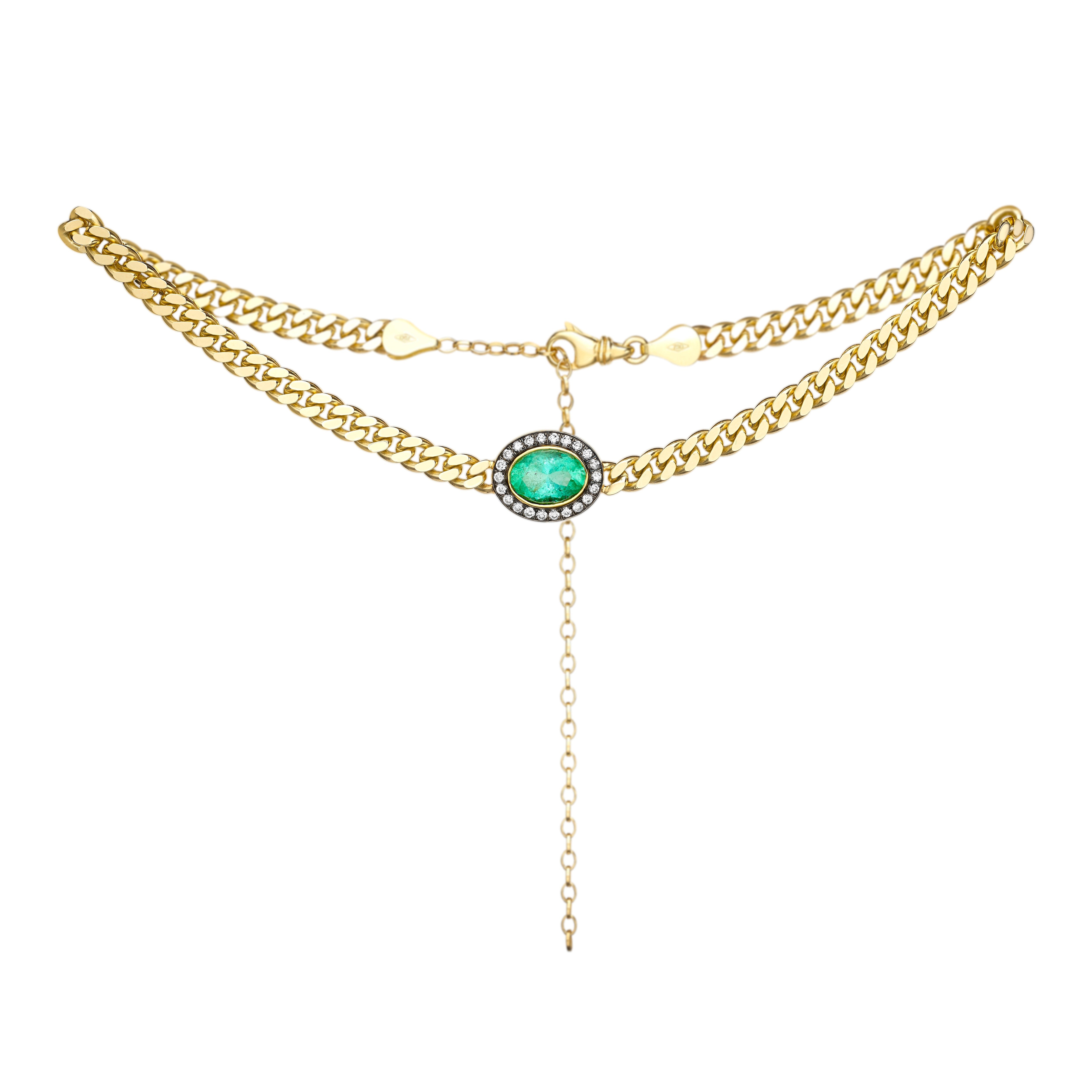 18k yellow gold oval green emerald diamond choker pendant necklace by Venyx Tiny Gods