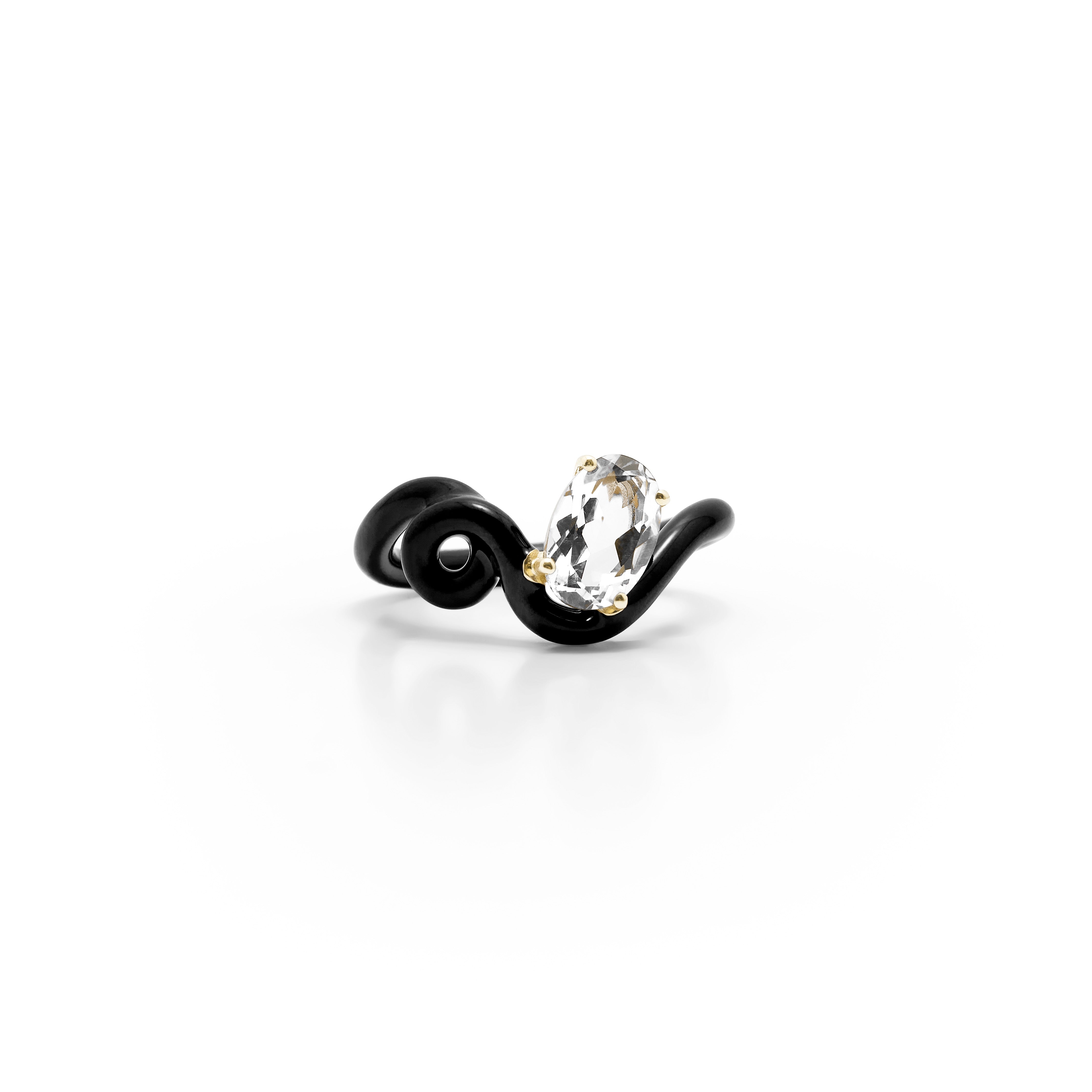 oval rock crystal vine ring with black enamel by Bea Bongiasca Tiny Gods