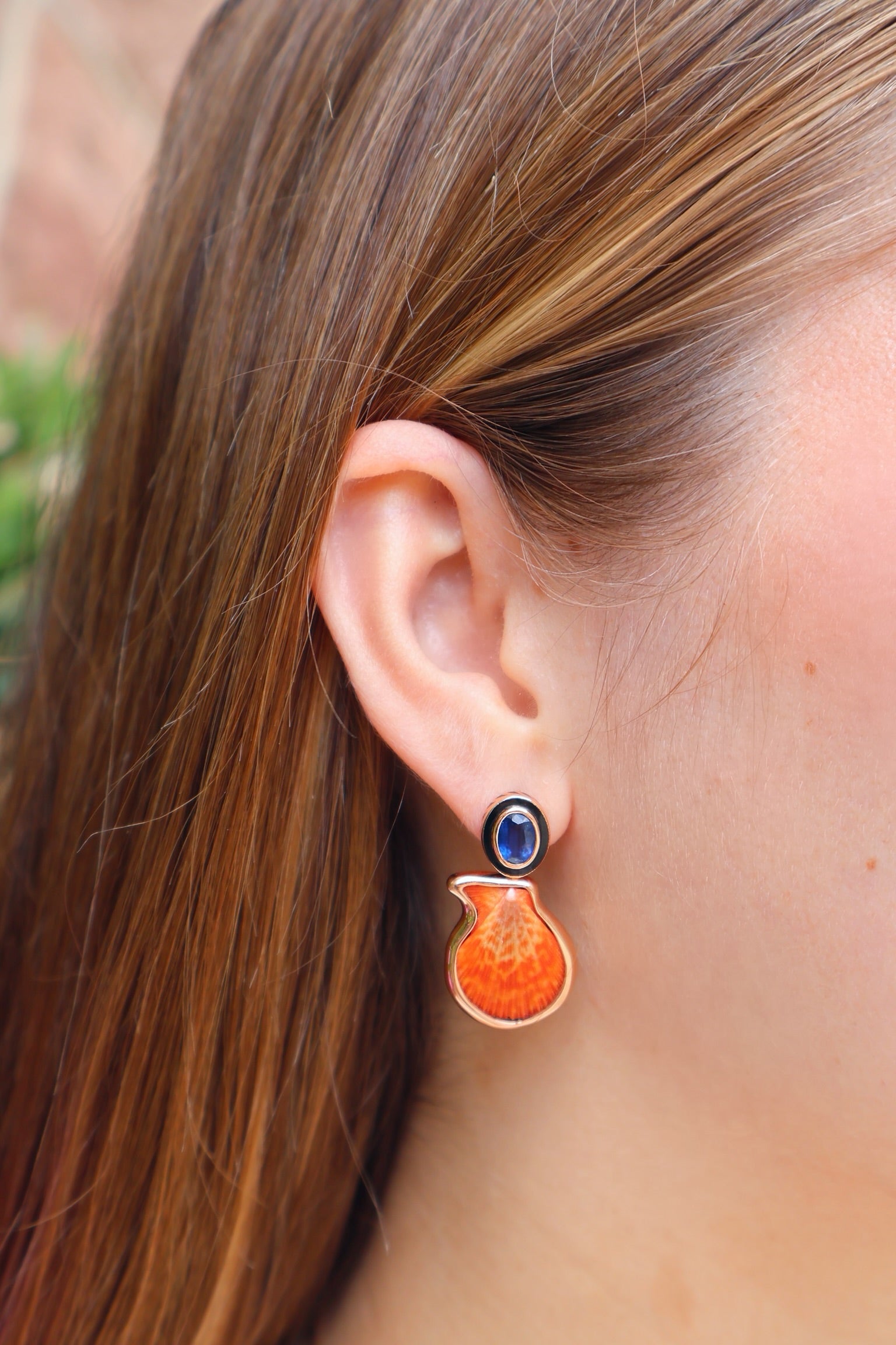 18k rose gold palm beach orange clam shell and kyanite with black enamel earrings by Dezso Tiny Gods
