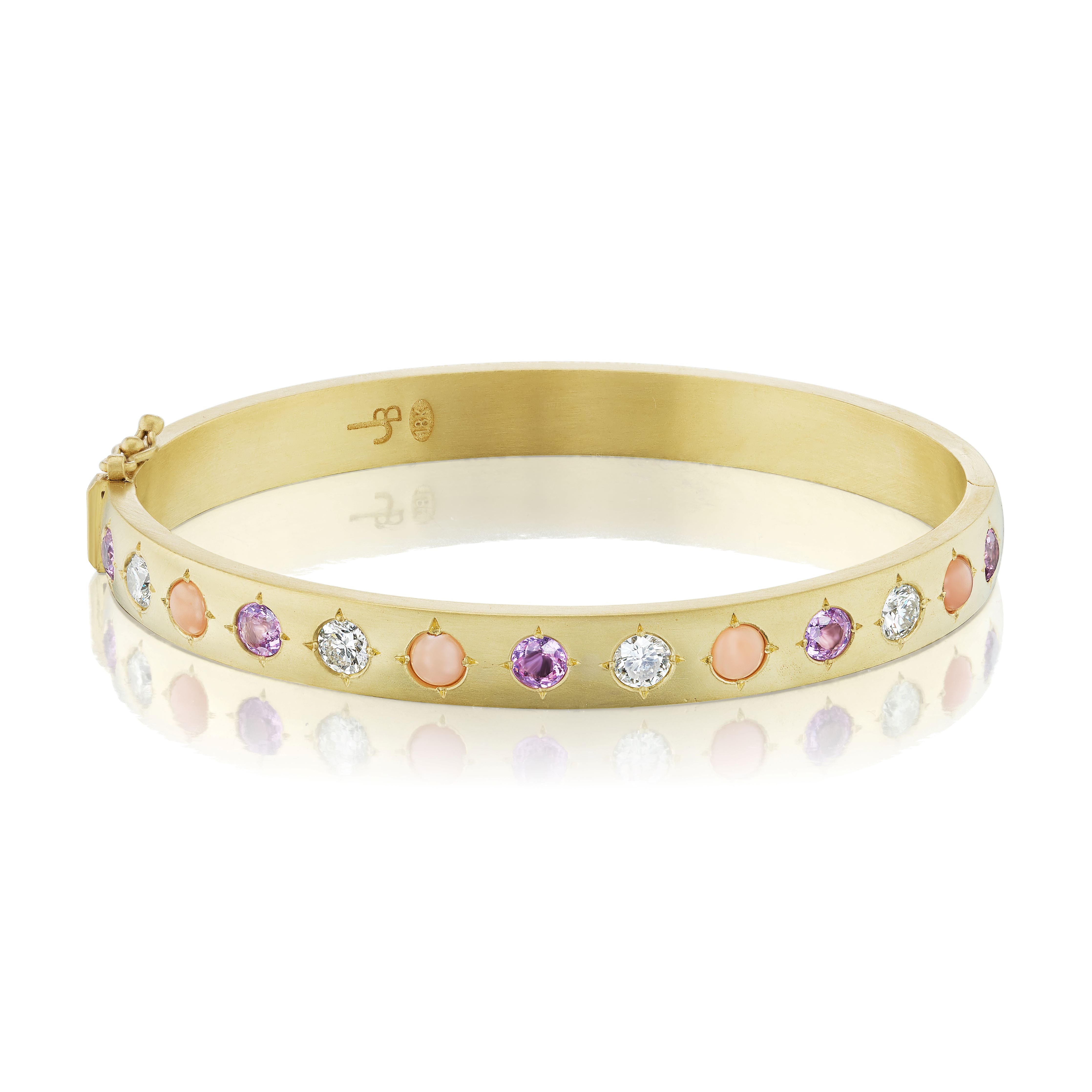 18k yellow gold pink sapphire, coral and diamond gypsy bangle by Jenna Blake Tiny Gods