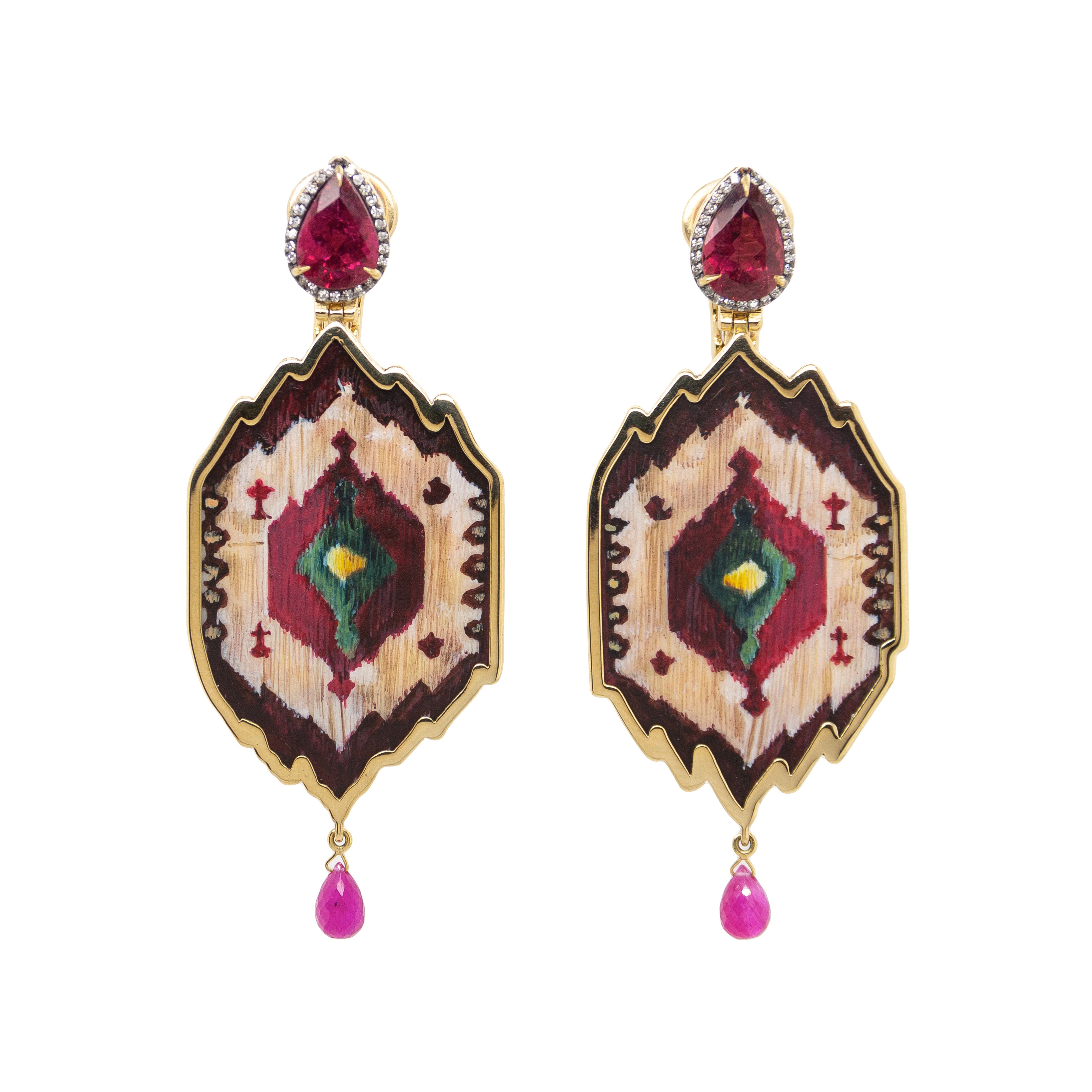 18k yellow gold hand painted peacock feather micro painting earrings with diamonds, ruby and rubellite by Silvia Furmanovich Tiny Gods