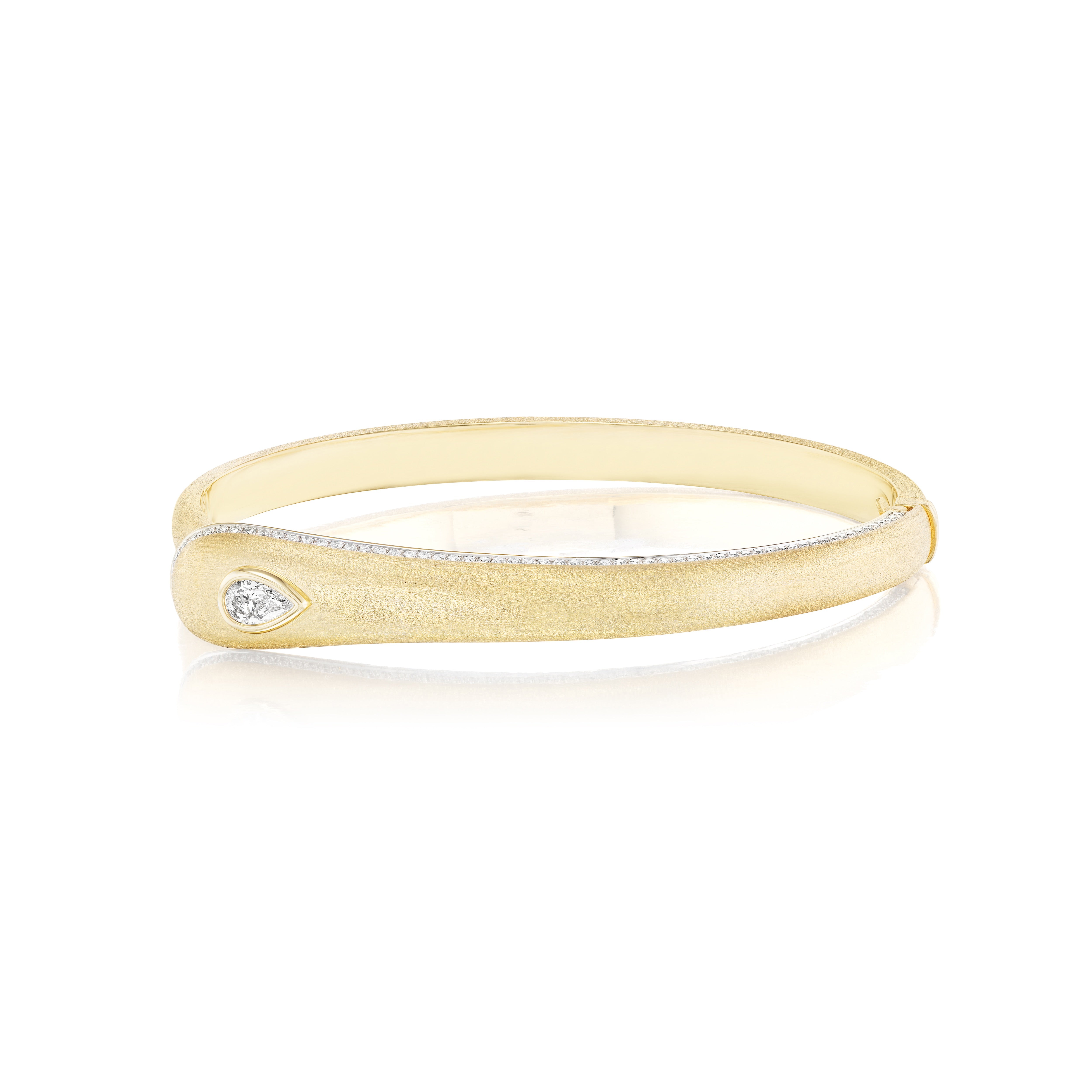 Brushed satin finish prestige diamond pave pear diamond yellow gold bangle bracelet by Rainbow K Tiny Gods
