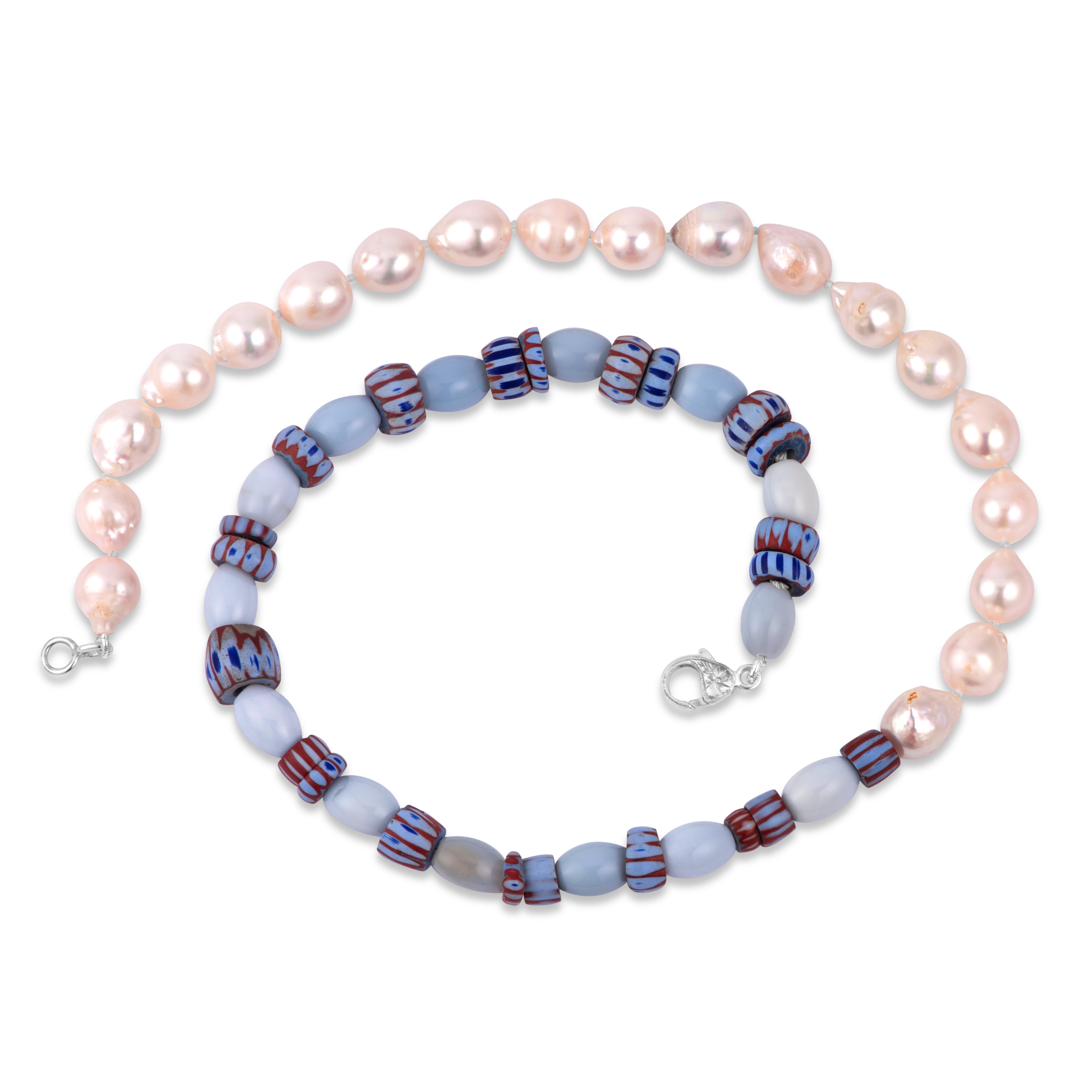 sterling silver pearl and blue African beaded necklace by Sylva & Cie Tiny Gods