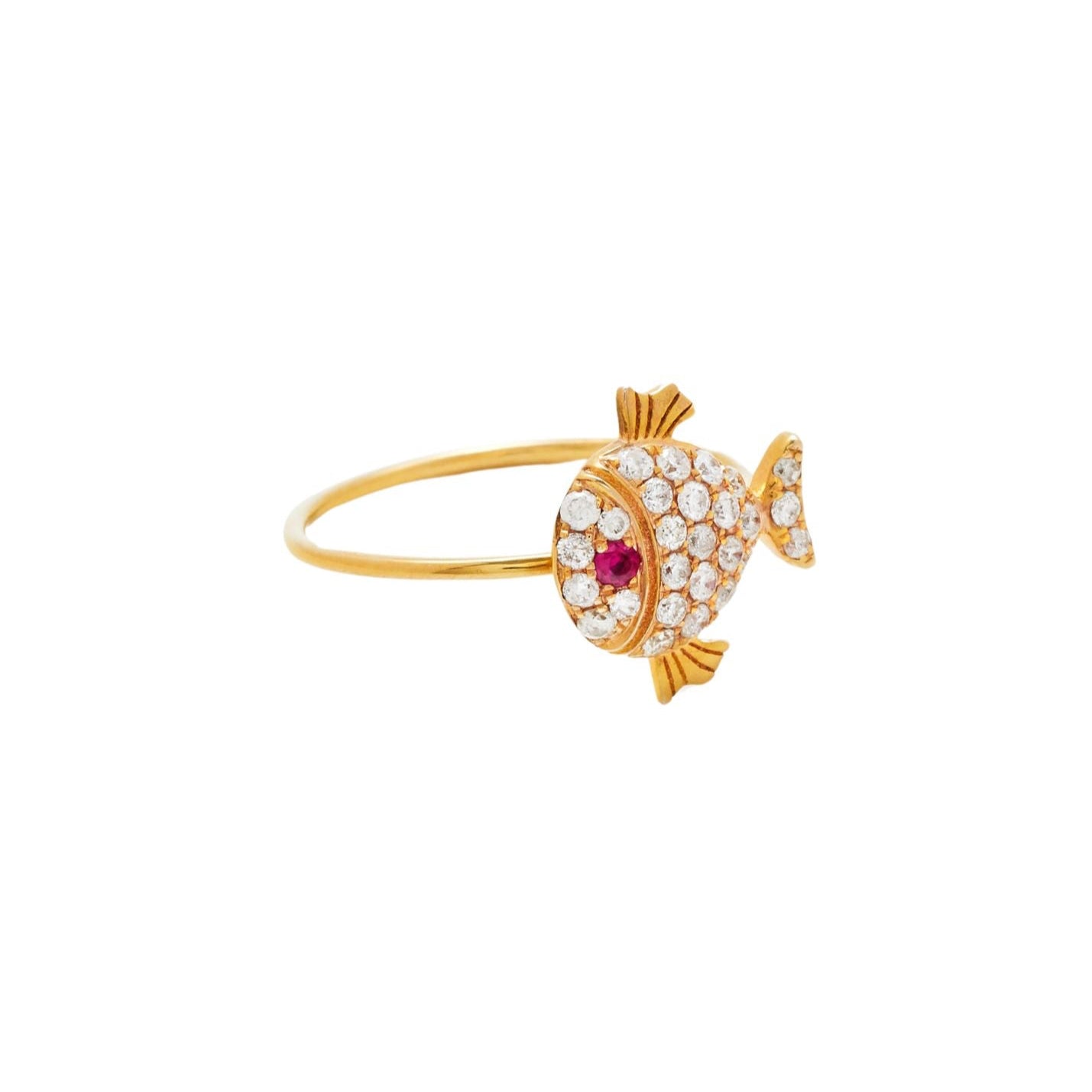 18k yellow gold diamond pave and ruby petite bag poisson fish pinky ring by Yvonne Leon Tiny Gods