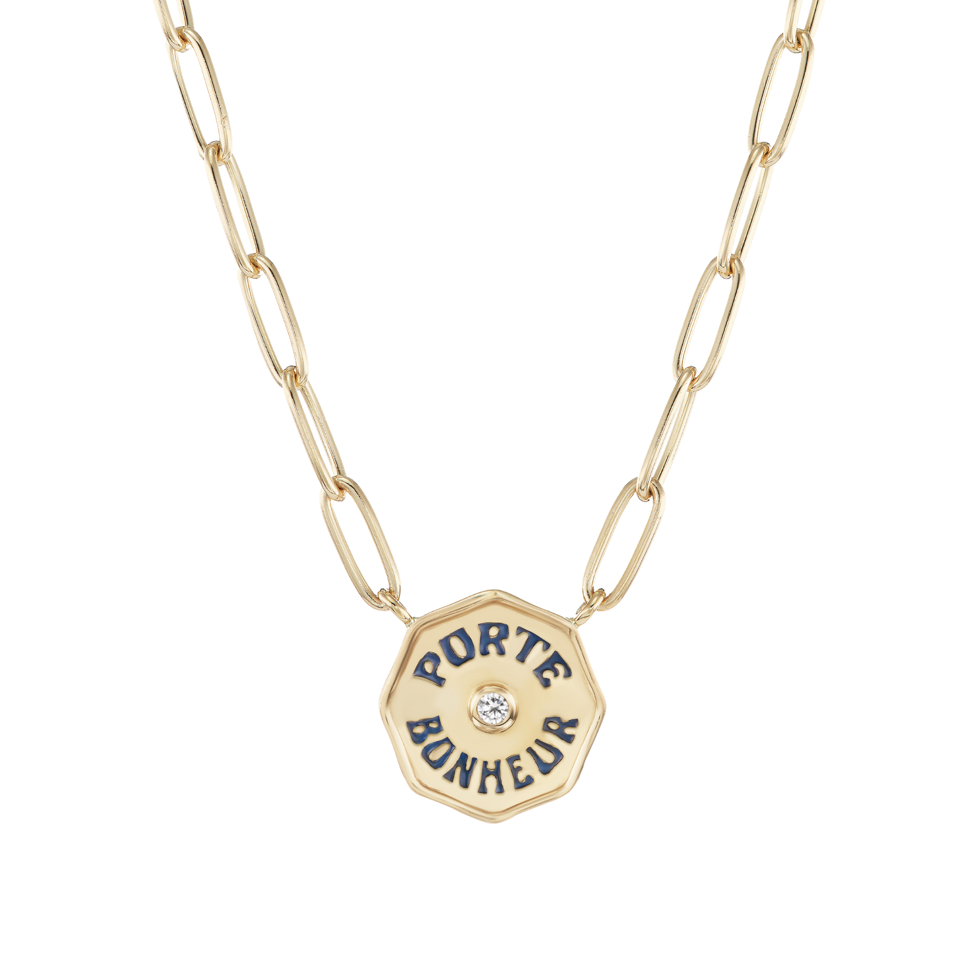 14k yellow gold navy enamel white diamond petite Porte Bonheur pendant necklace paperclip by Marlo Laz Tiny Gods