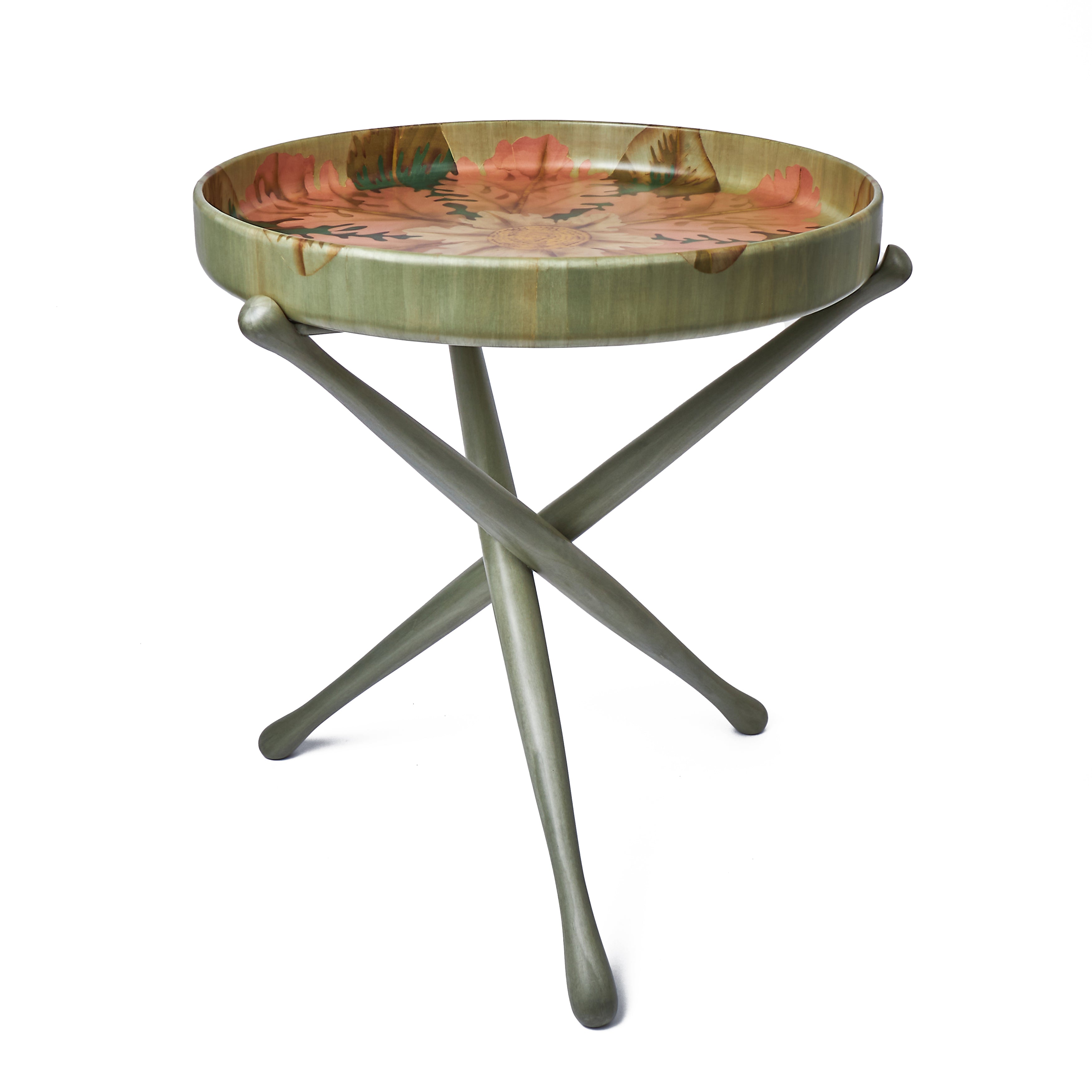 pink green grey rosacea flower marquetry wood side table tray by Silvia Furmanovich Tiny Gods