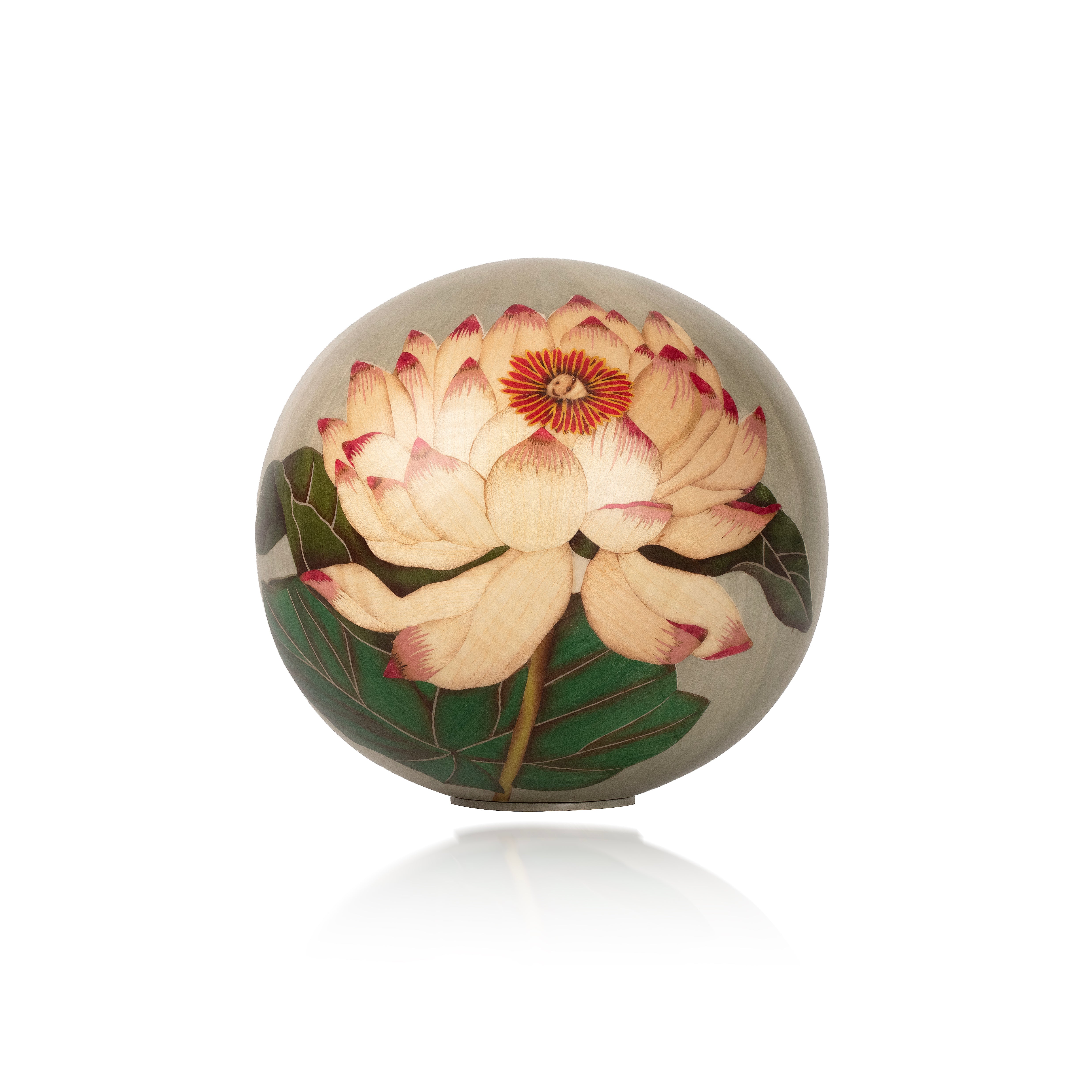 wooden pink lotus flower marquetry sphere by Silvia furmanovich tiny gods