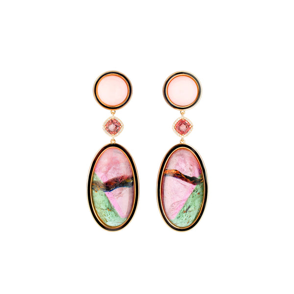 18k yellow gold pink opal earrings with bi-colored pink and green tourmaline pink sapphire by Guita M Tiny Gods