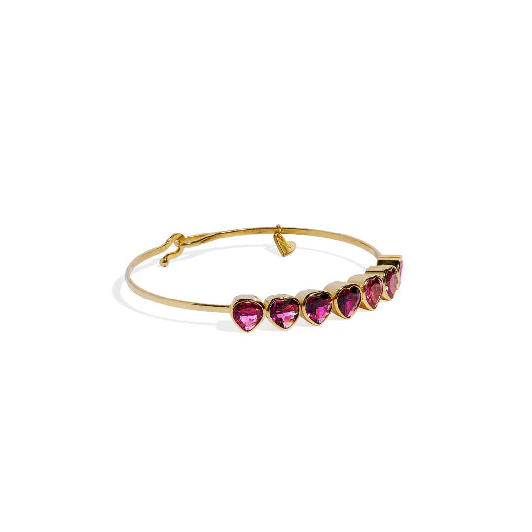 14k yellow gold 7 heart pink tourmaline bangle bracelet by Christina Alexiou Tiny Gods
