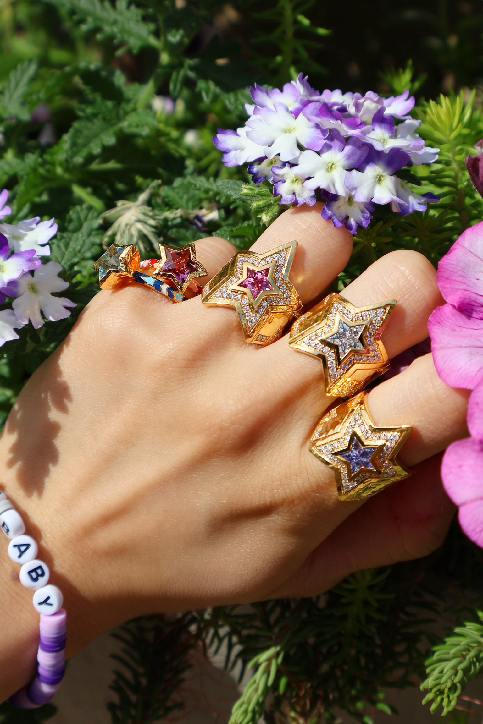 20k yellow gold pink tourmaline star wrap diamond ring by Buddha Mama Tiny Gods