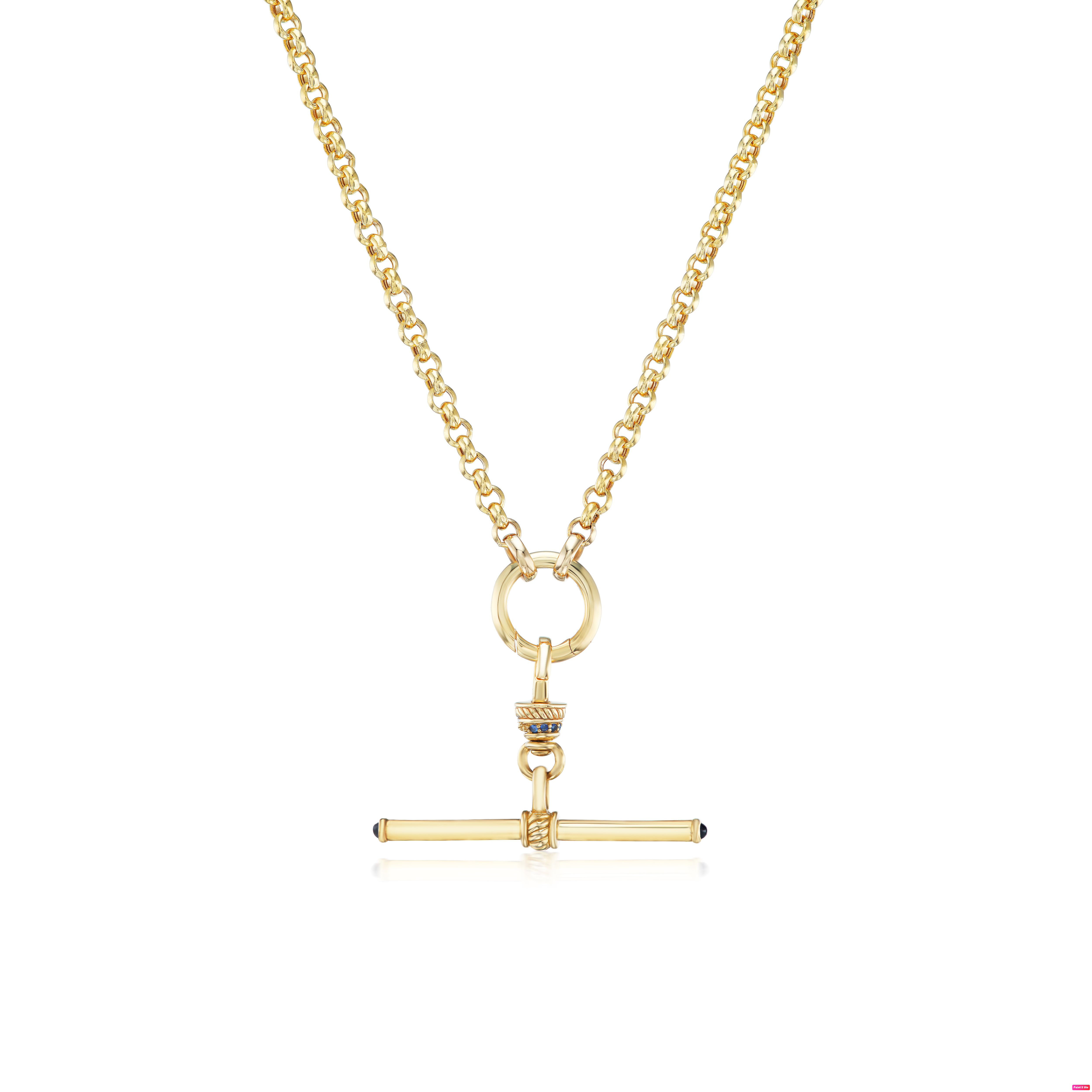 14k yellow gold plain gold t bar with special anchor clip and blue sapphires by Lucy Delius Tiny Gods