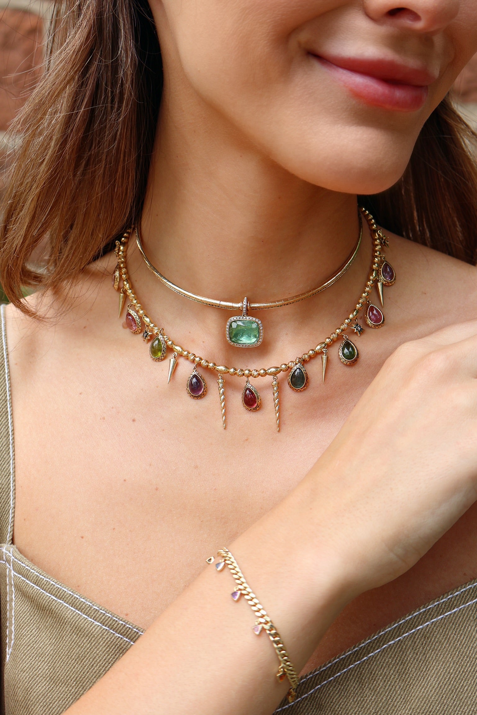 18k yellow gold Pluto choker necklace green tourmaline diamond pendant by Venyx Tiny Gods