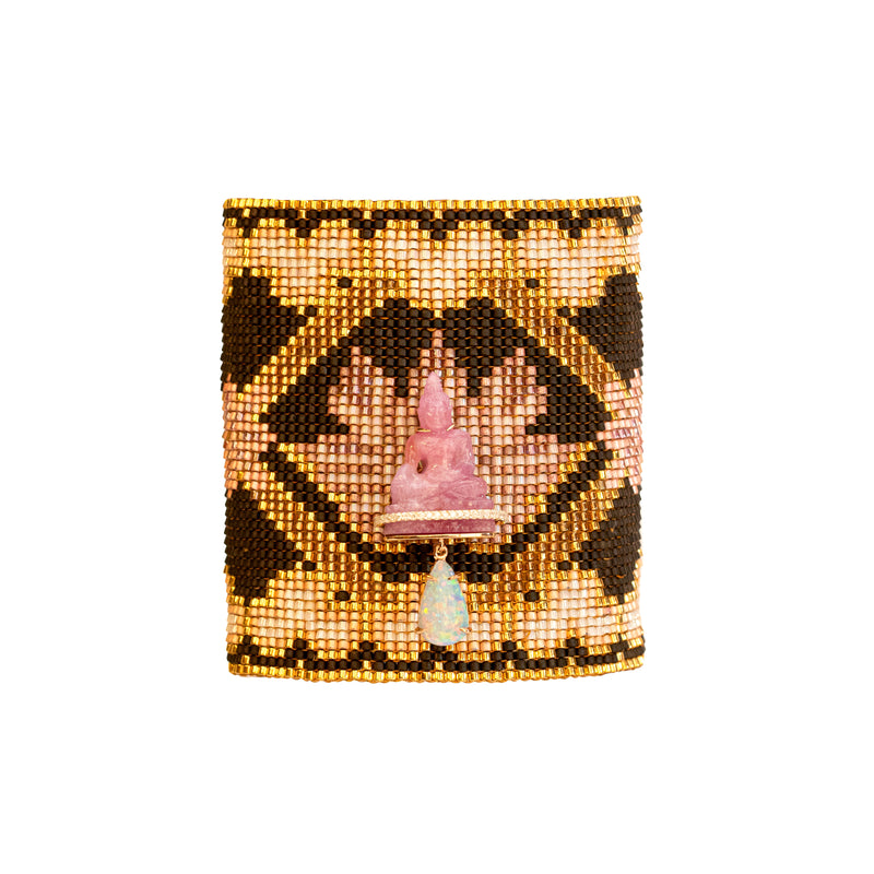 18k rose gold pink jade buddha ceramic bead cuff with opal by Silvia Furmanovich Tiny Gods