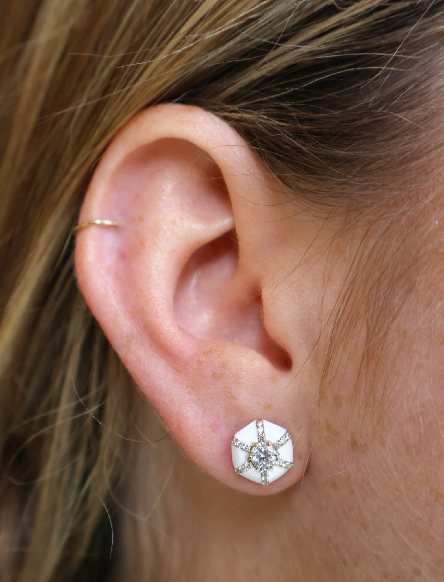 18k yellow gold queen hexagon white enamel diamond stud earrings goshwara tiny gods