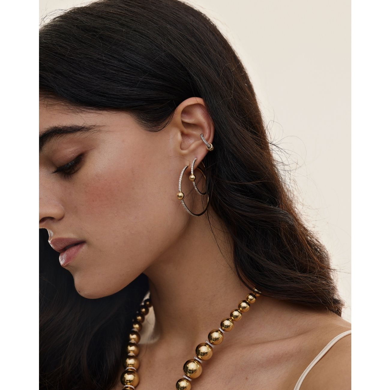 14k yellow gold white gold and pave diamond earcuff ear cuff earring by Rainbow K on model