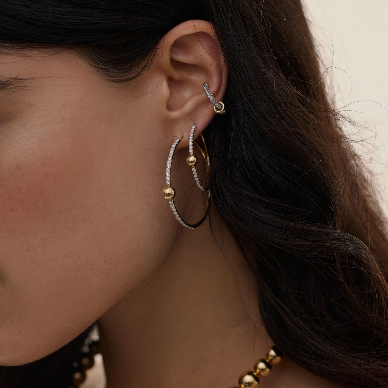 14k yellow gold white gold and pave diamond earcuff ear cuff earring by Rainbow K on model