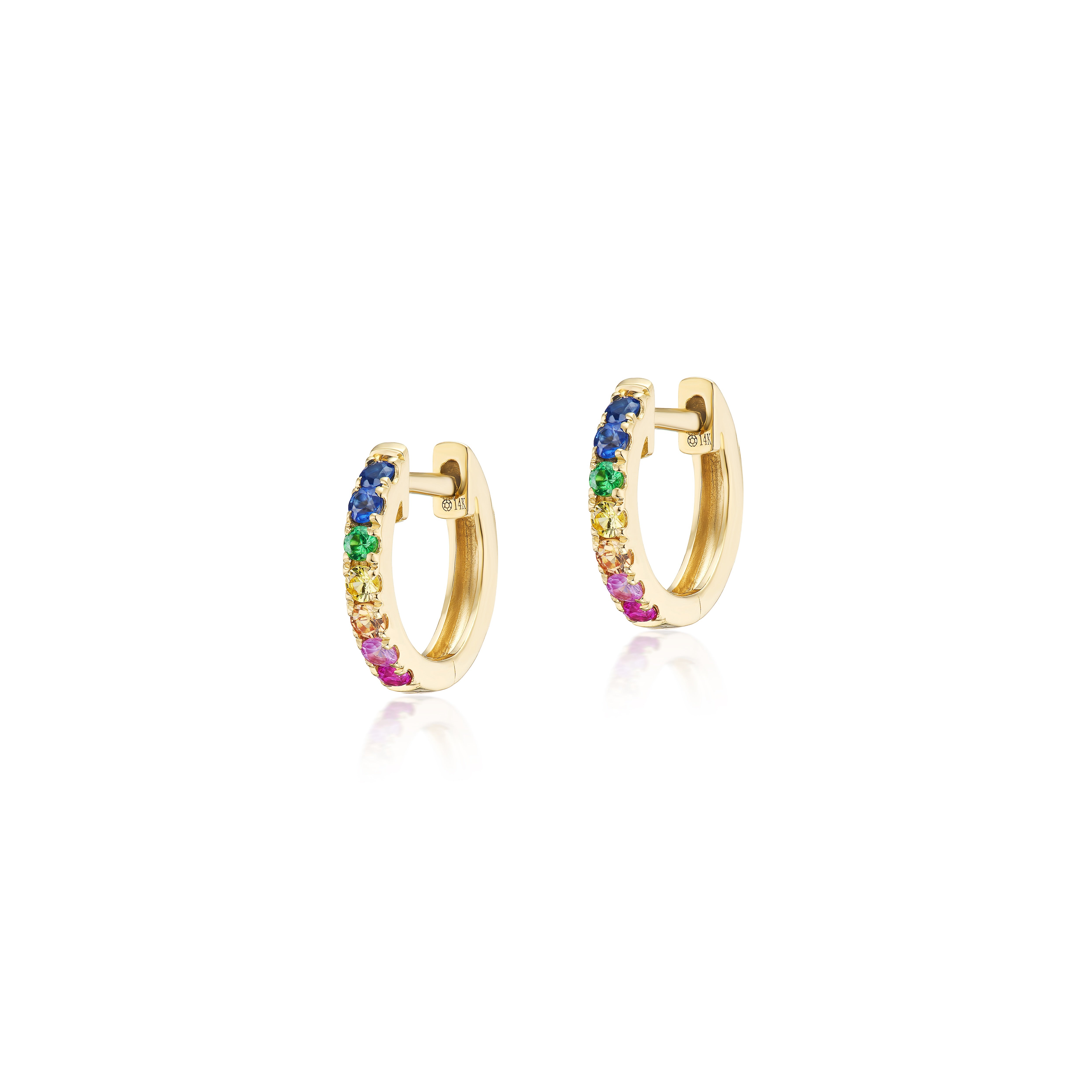 14k yellow gold rainbow sapphire huggie earrings Tiny Gods