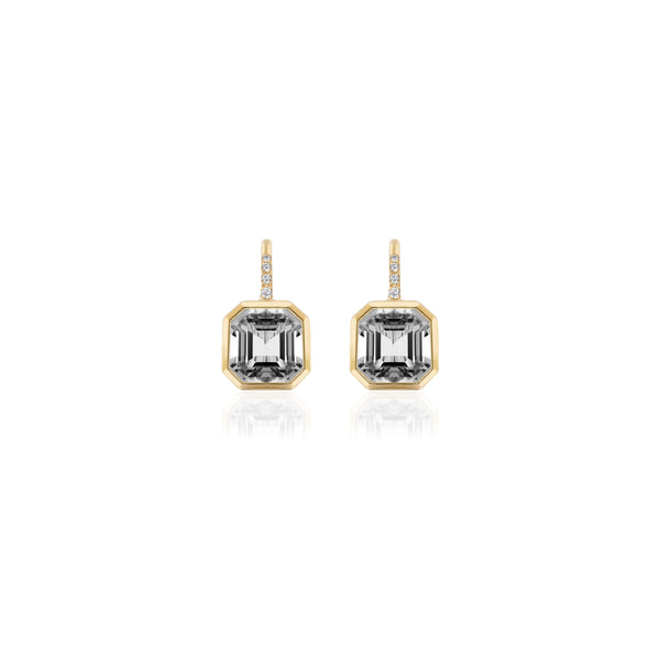 18k yellow gold asscher cut rock crystal earrings on wire with diamonds by Goshwara Tiny Gods