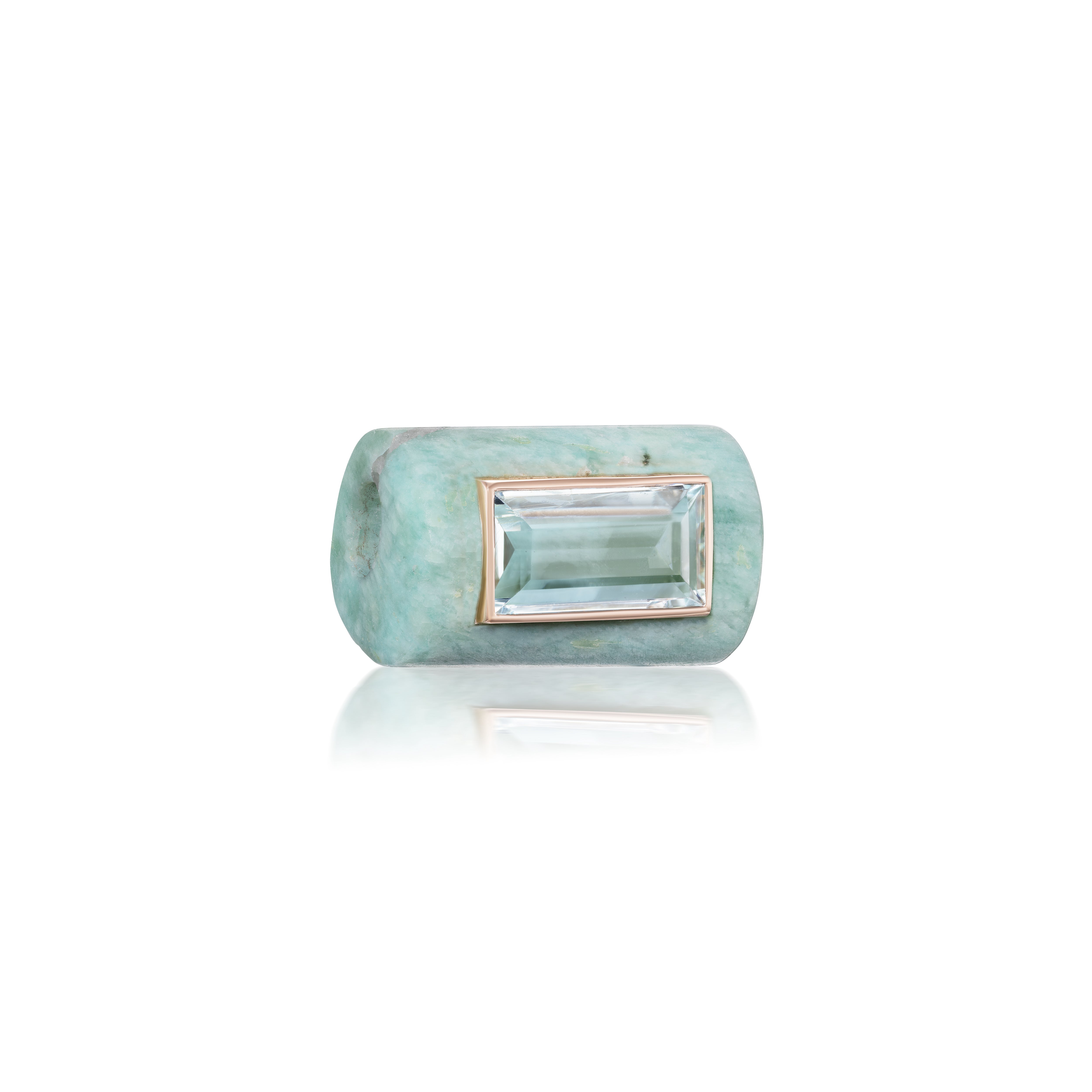 18k rose gold amazonite carved tube bead pendant with emerald cut aquamarine by Dezso Tiny Gods