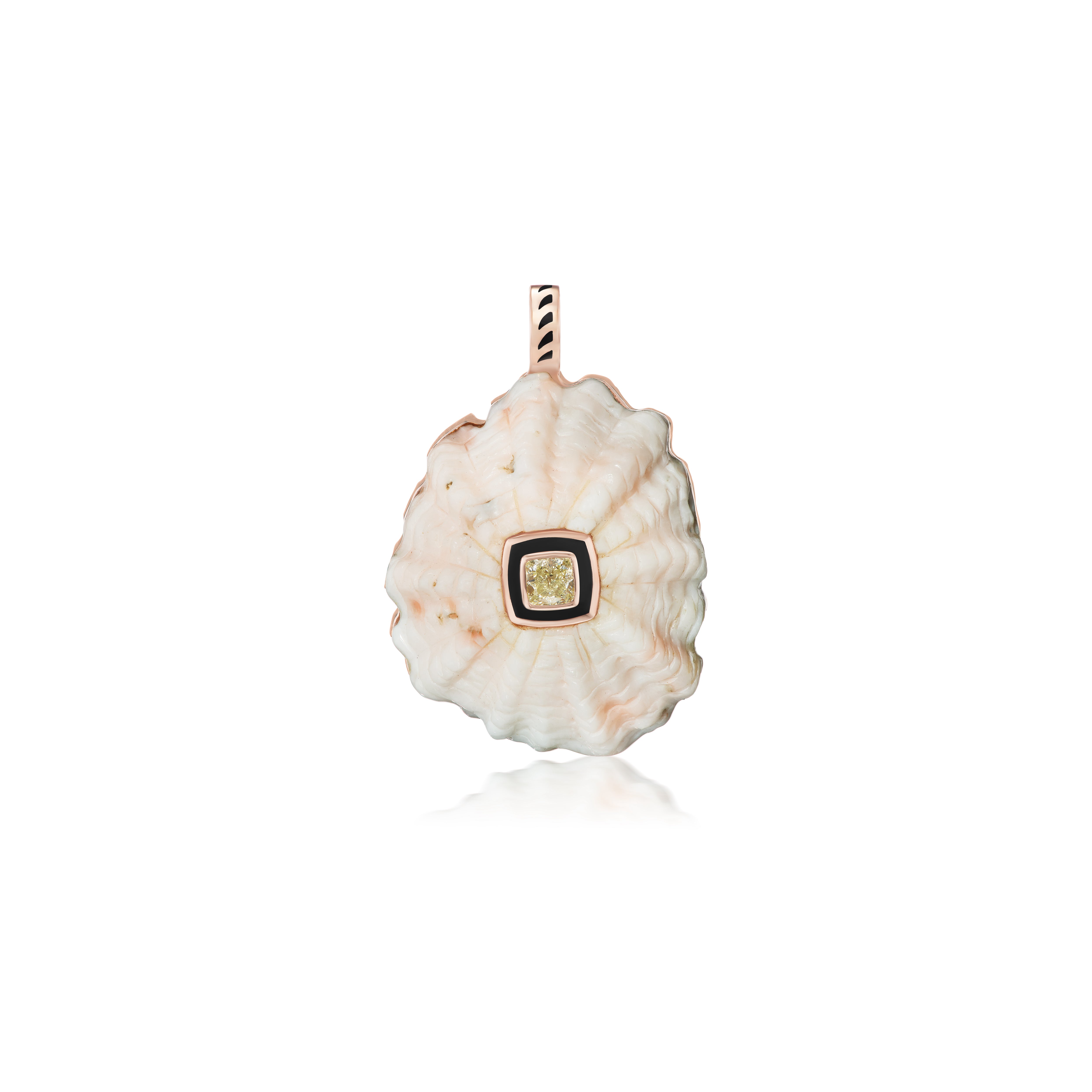 18k rose gold carved coral barnacle pendant with cushion cut diamond and black enamel bezel setting by Dezso Tiny Gods
