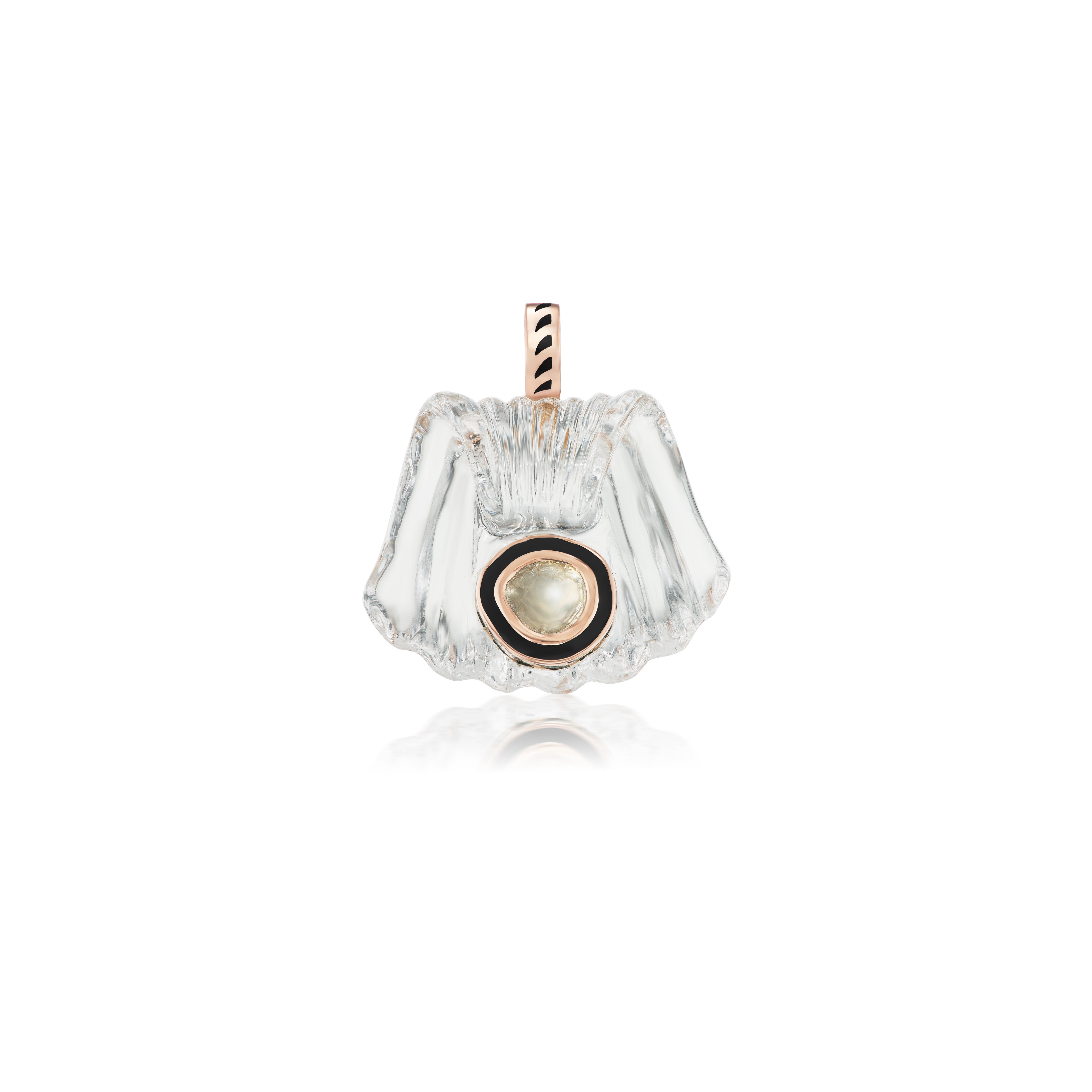 18k rose gold black enamel carved crystal classic capri shell pendant charm by Dezso Tiny Gods