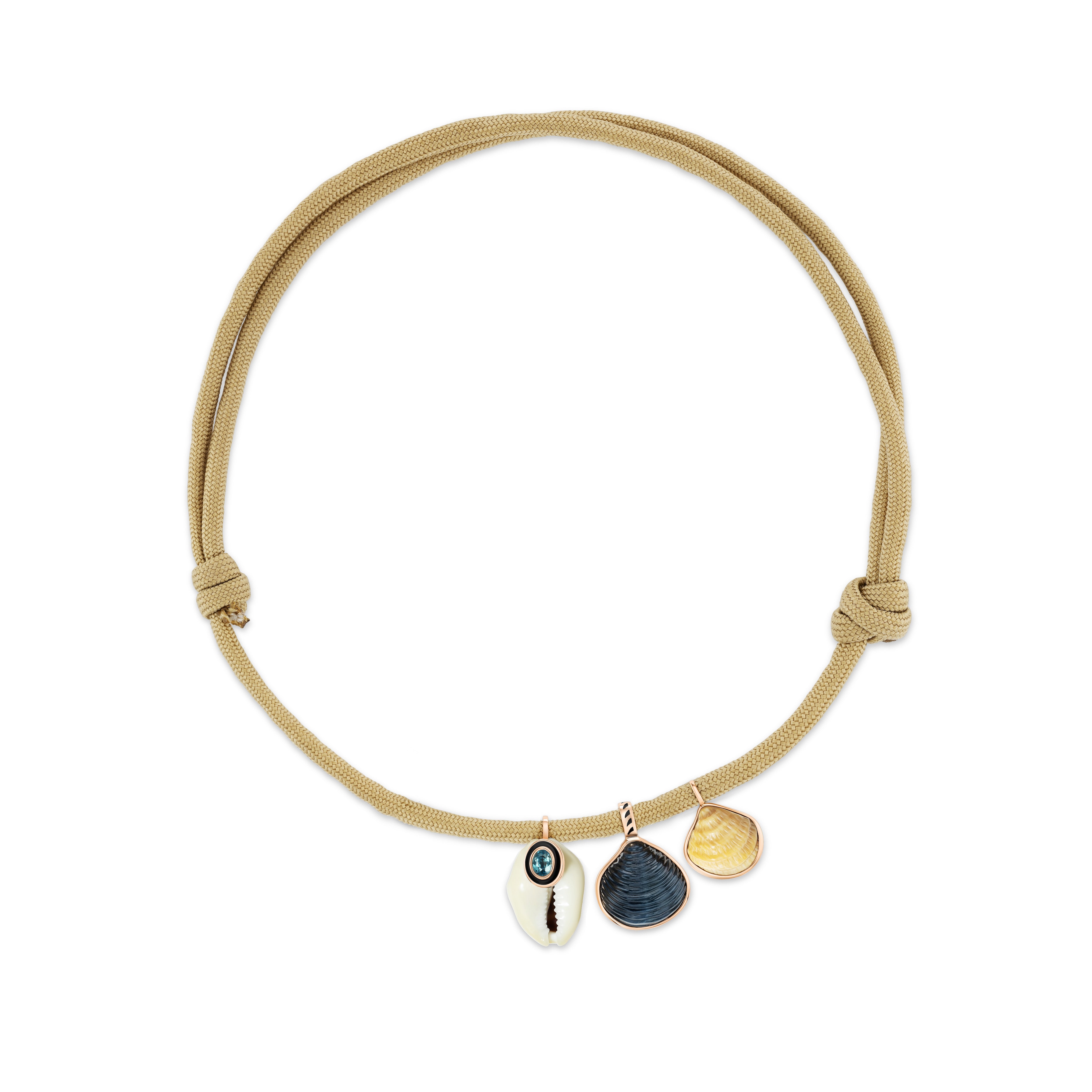 18k rose gold natural white Cory shell kyanite with blue tigers eye Venus shell and petite blond clam shell pendant by Dezso on taupe adjustable paracord Tiny Gods