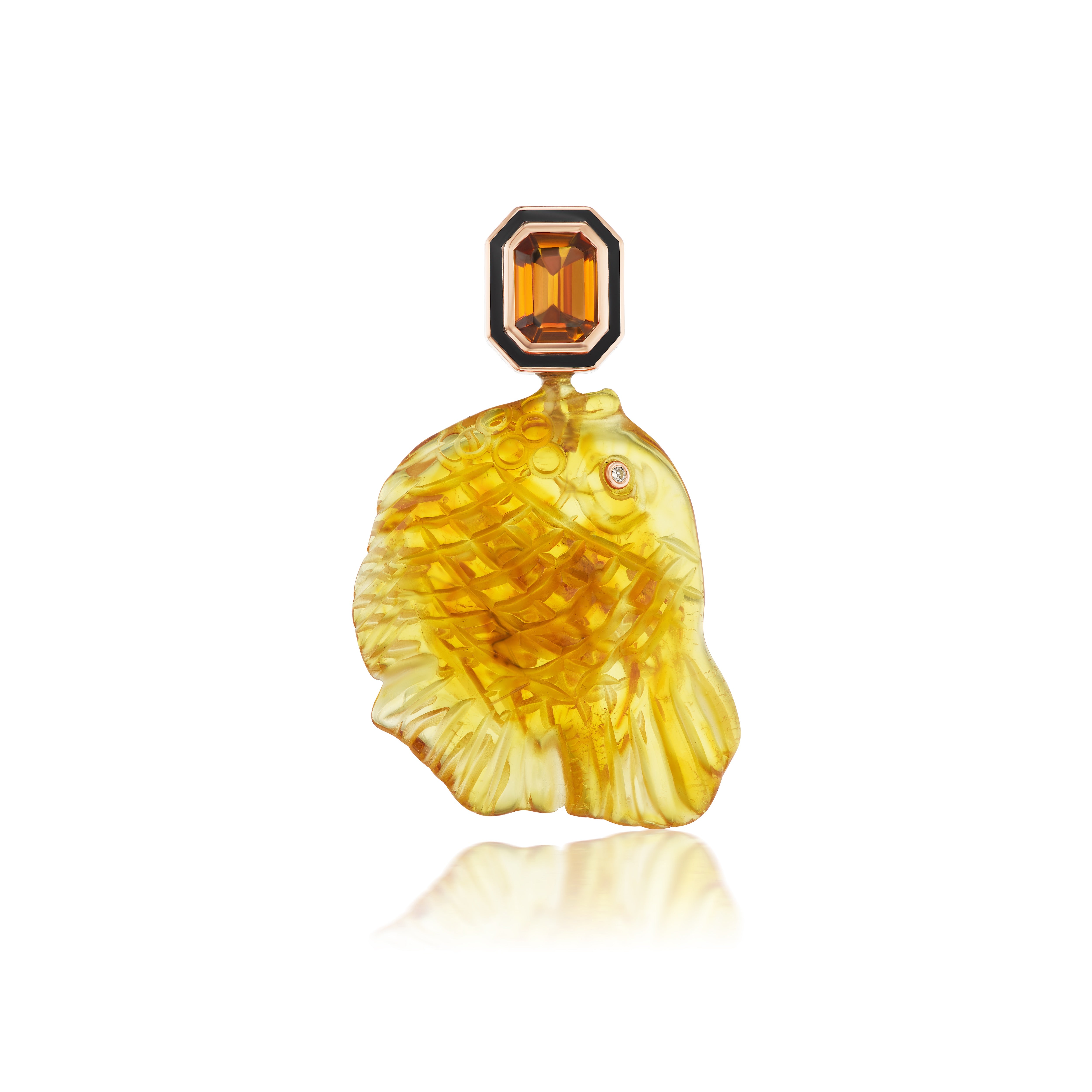 18k rose gold carved amber fish pendant with emerald cut citrine in a black enamel bezel setting charm pendant by Dezso Tiny Gods