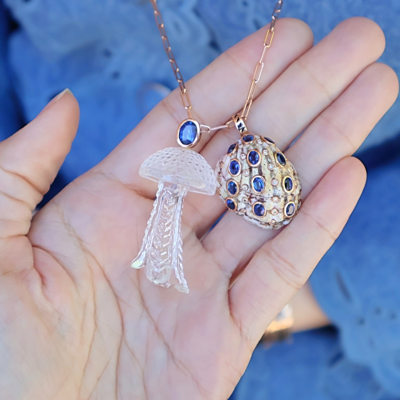 18k rose gold crystal carved jellyfish kyanite pendant dezso tiny gods