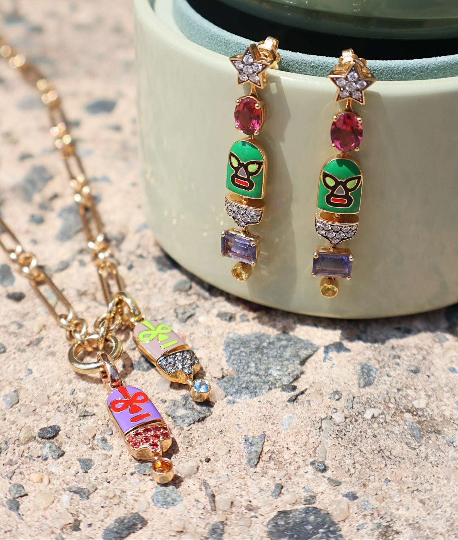 18k rose gold destroyer sees purple mexican wrestler mask luchadores purple red enamel charm pendant by Francesca Villa Tiny Gods