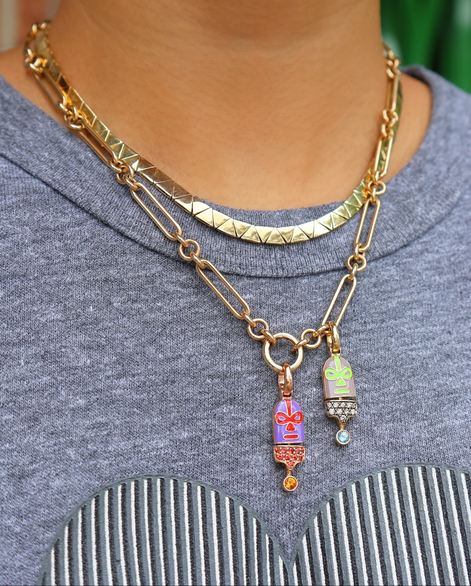18k rose gold destroyer sees purple mexican wrestler mask luchadores purple red enamel charm pendant by Francesca Villa Tiny Gods