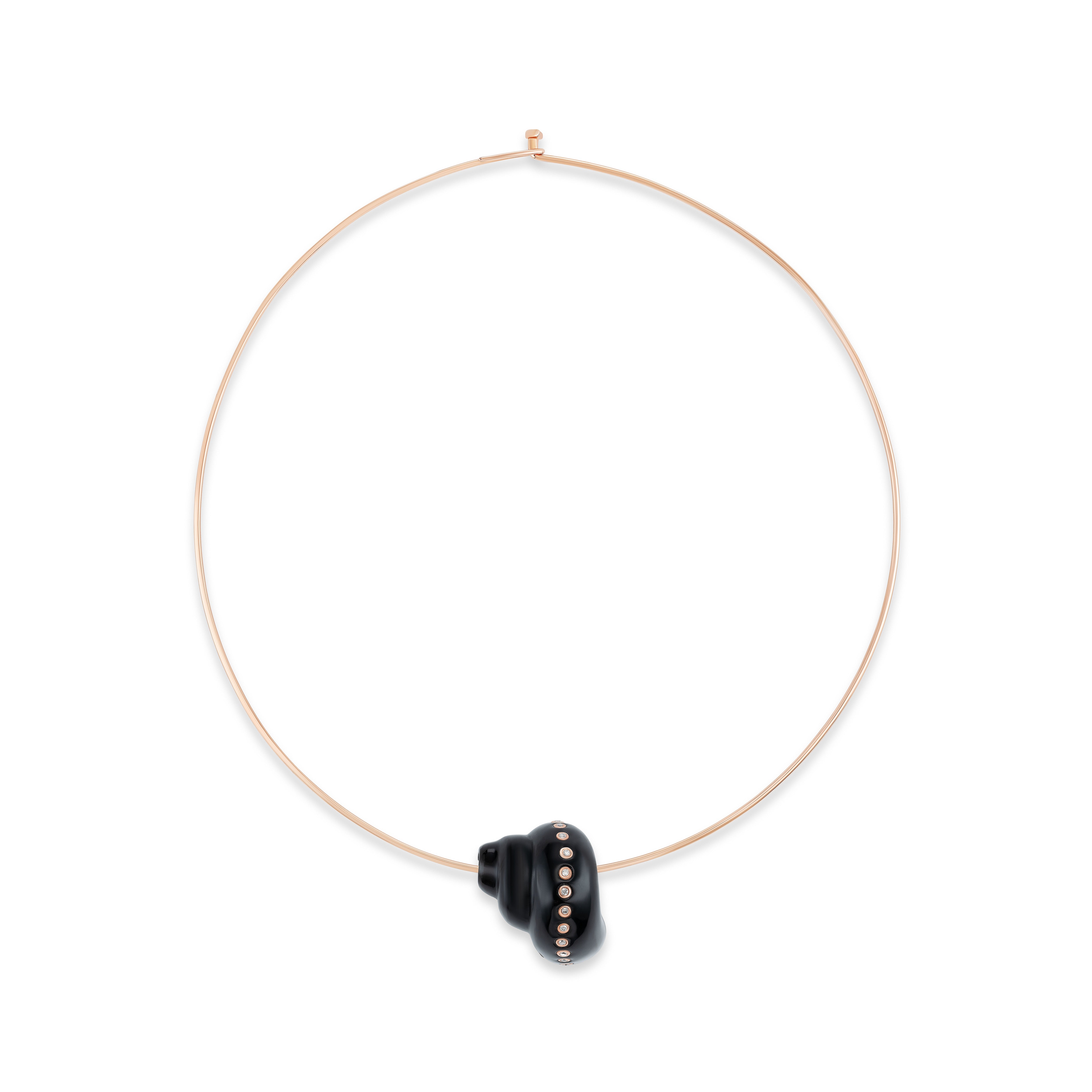 18k rose gold carved onyx turbo shell pendant and diamonds on a wave wire collar necklace by Dezso Tiny Gods