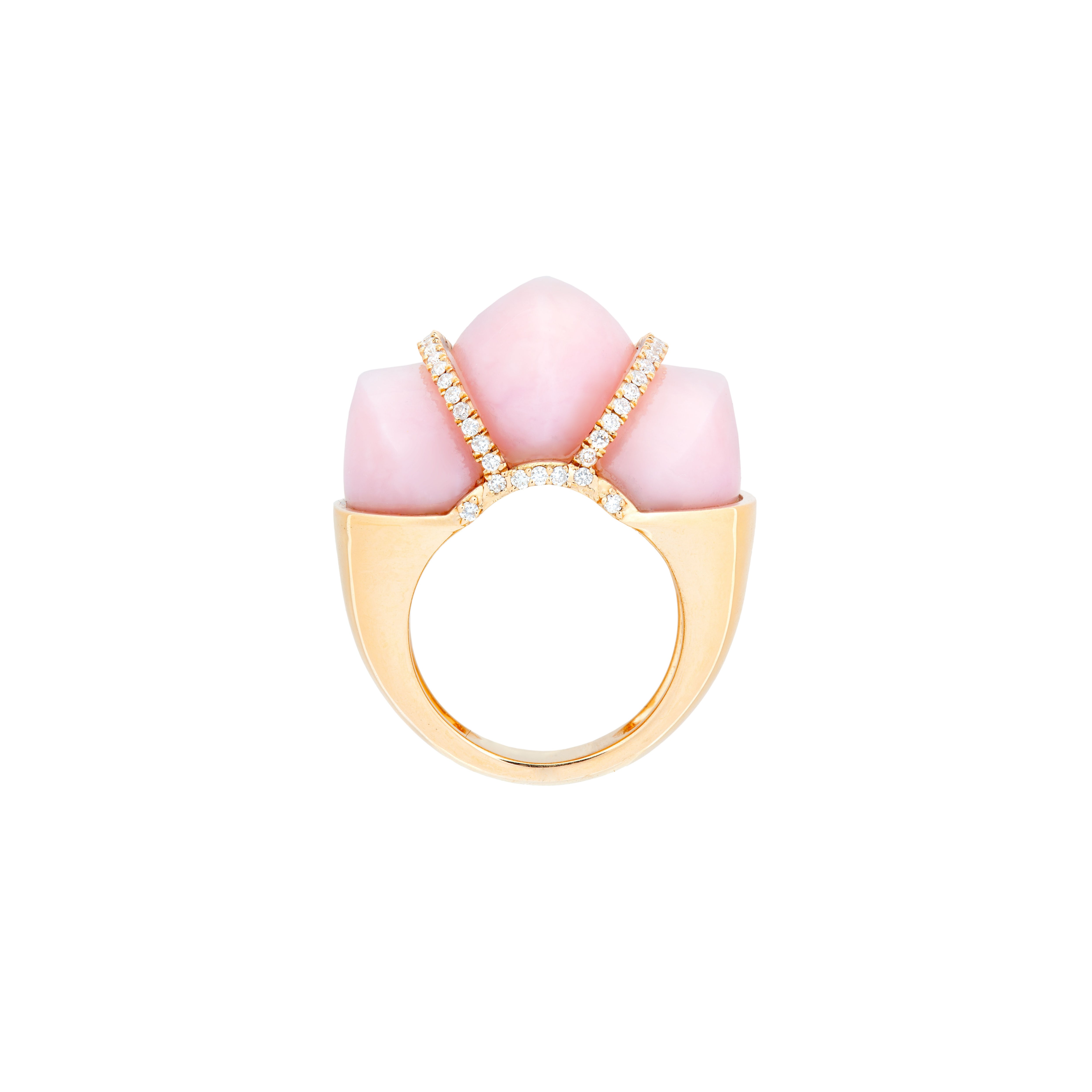 18k rose gold hand carved pink opal crown ring with diamonds by Guita M Tiny Gods
