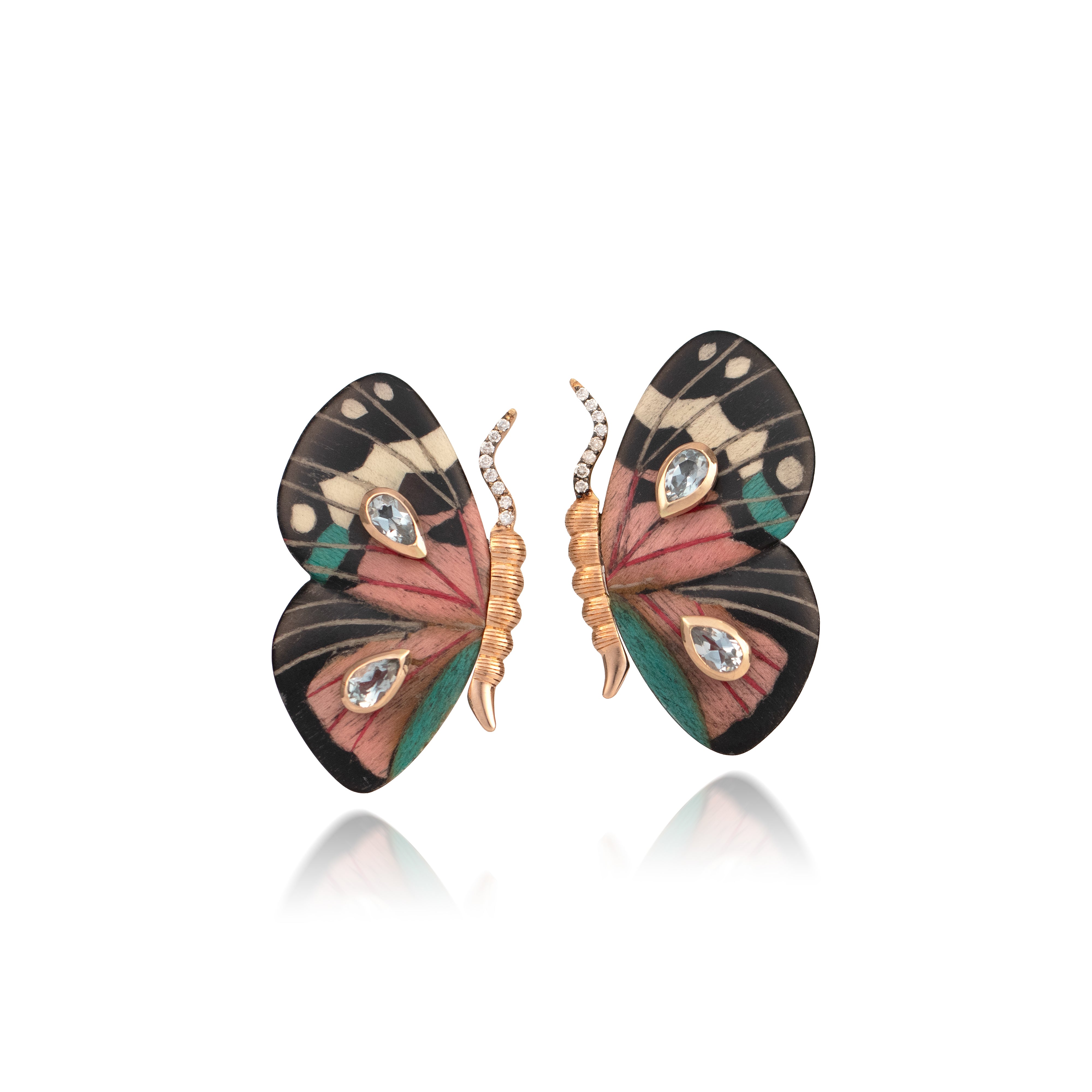 18k rose gold and diamond petite marquetry butterfly wood wing earrings with blue topaz by Silvia Furmanovich Tiny Gods