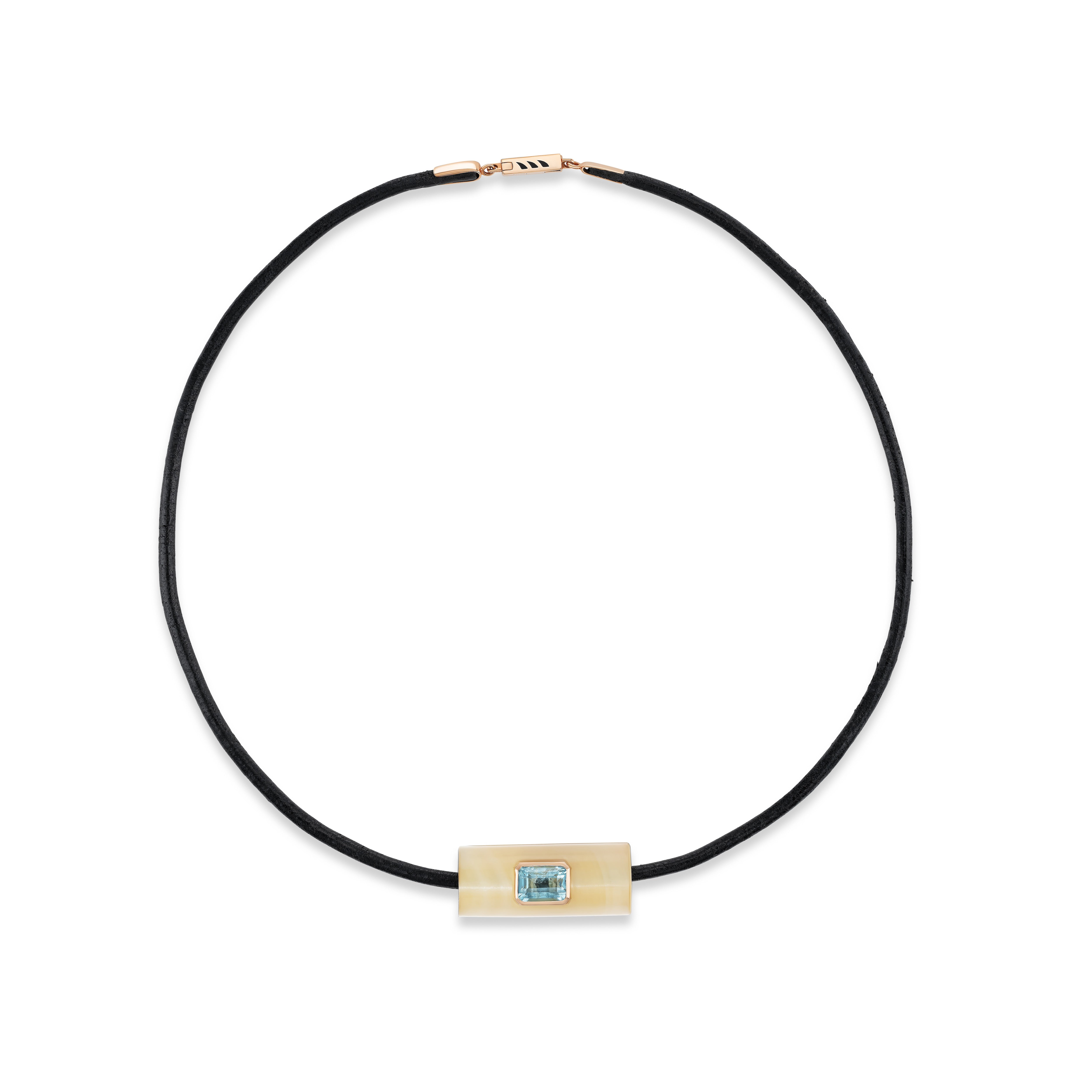 18k rose gold cylinder shaped grande agate bead with aquamarine on a leather cord by Dezso Tiny Gods