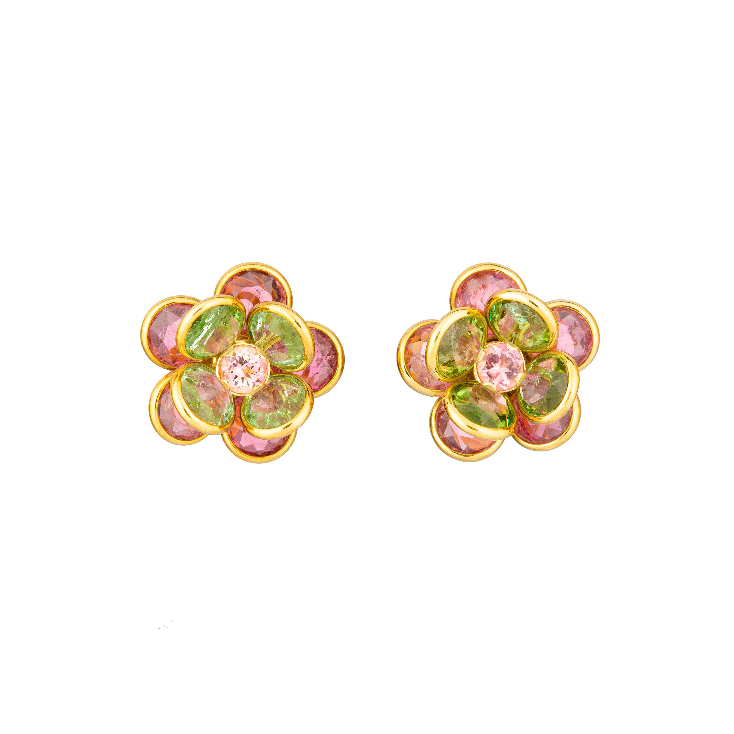 18k yellow gold pink and green tourmaline flower earrings with clip backs by Guita M tiny Gods