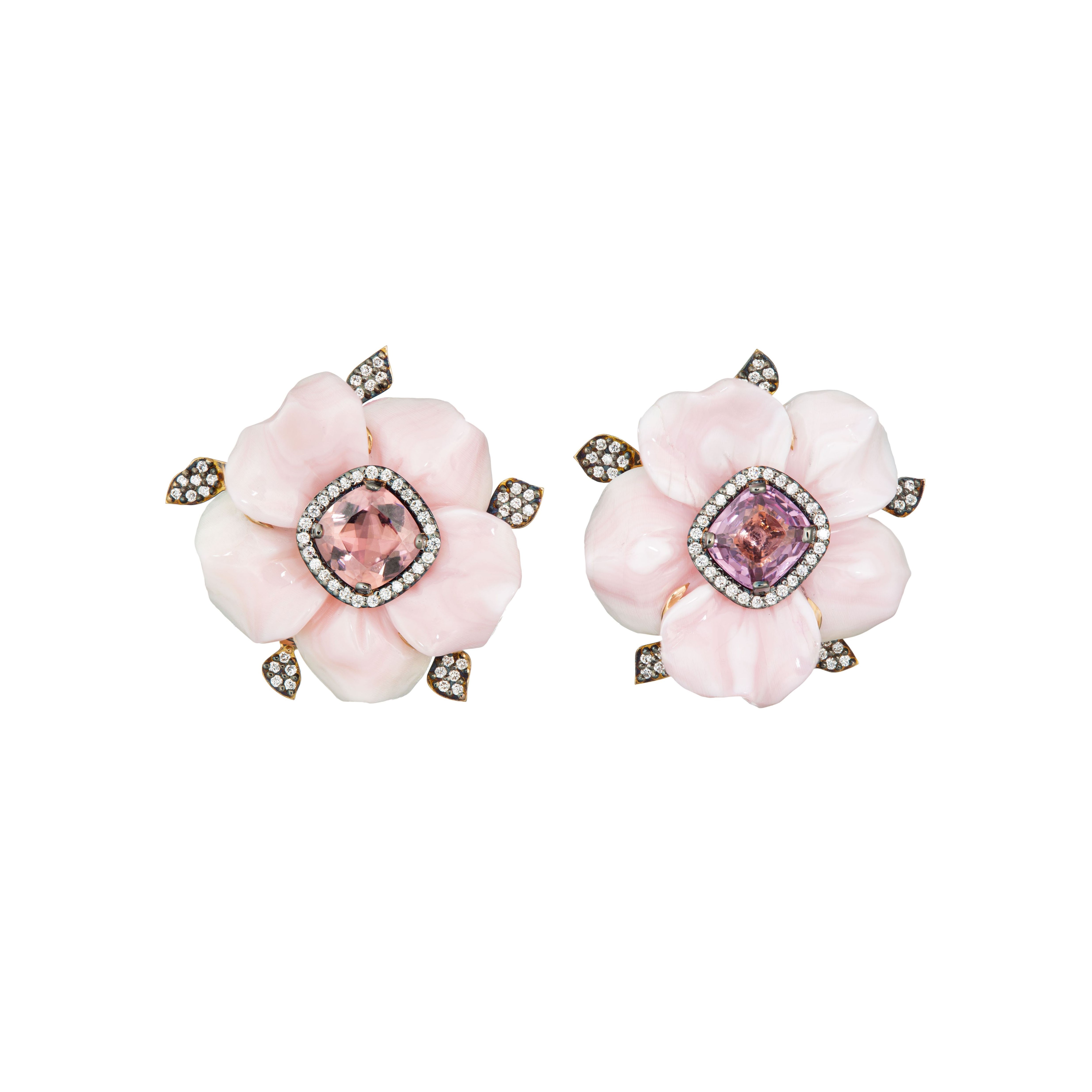 18k rose gold carved pink conch shell flower earrings with removable center morganite diamond studs by Guita M Tiny Gods