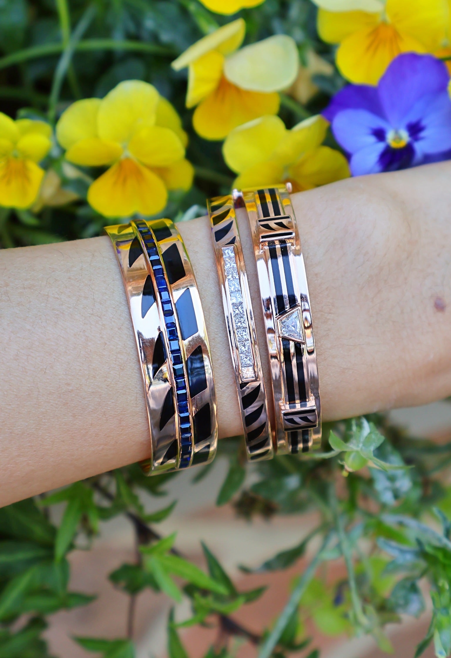 18k rose gold petite deco black enamel shark fin detail with channel set diamond bezel set bangle cuff bracelet by Dezso Tiny Gods