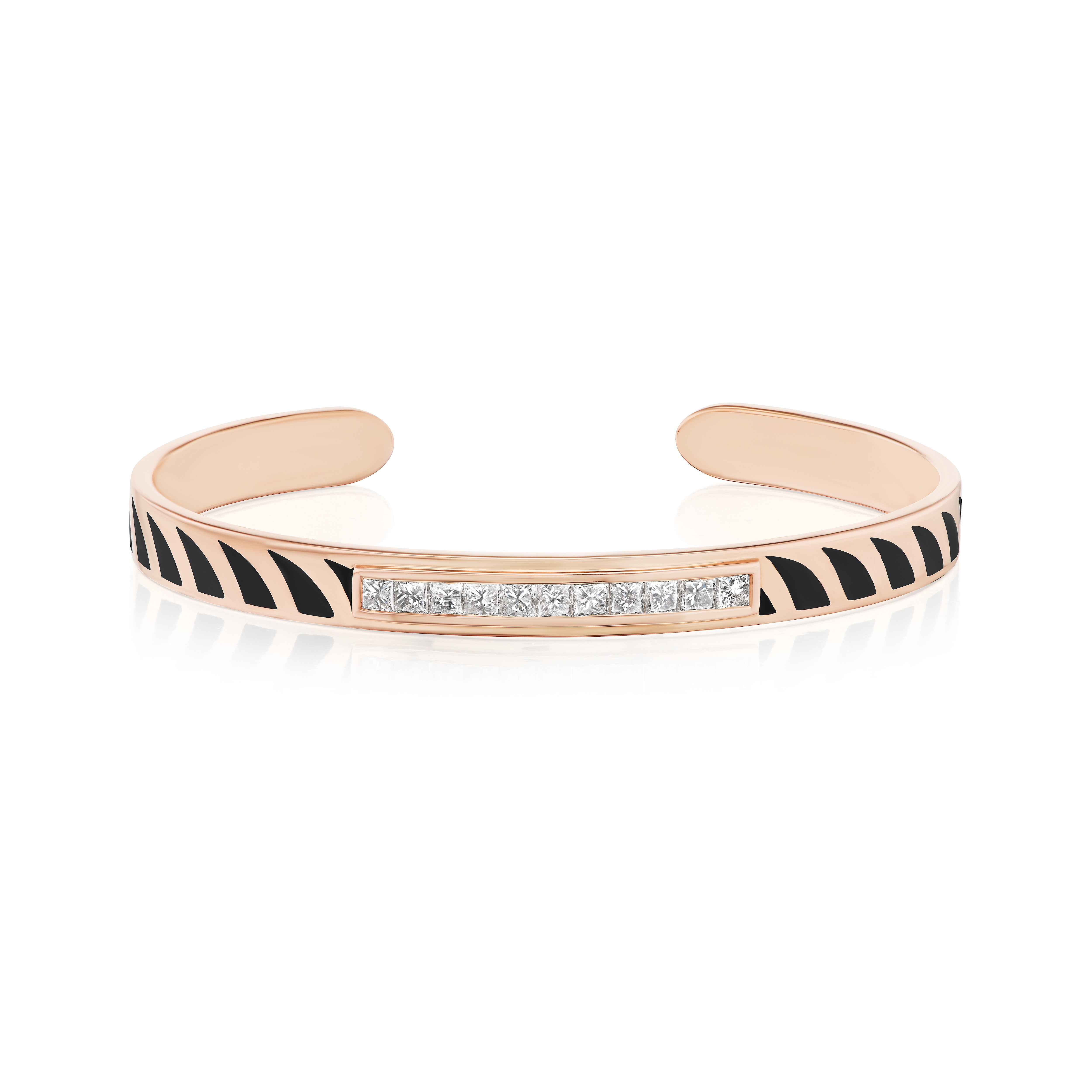 18k rose gold petite deco black enamel shark fin detail with channel set diamond bezel set bangle cuff bracelet by Dezso Tiny Gods